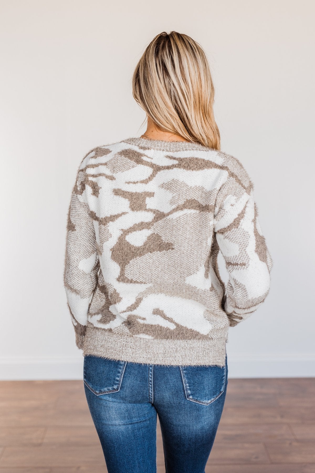 Easy Mornings Thick Knit Camo Sweater- Mocha & Ivory