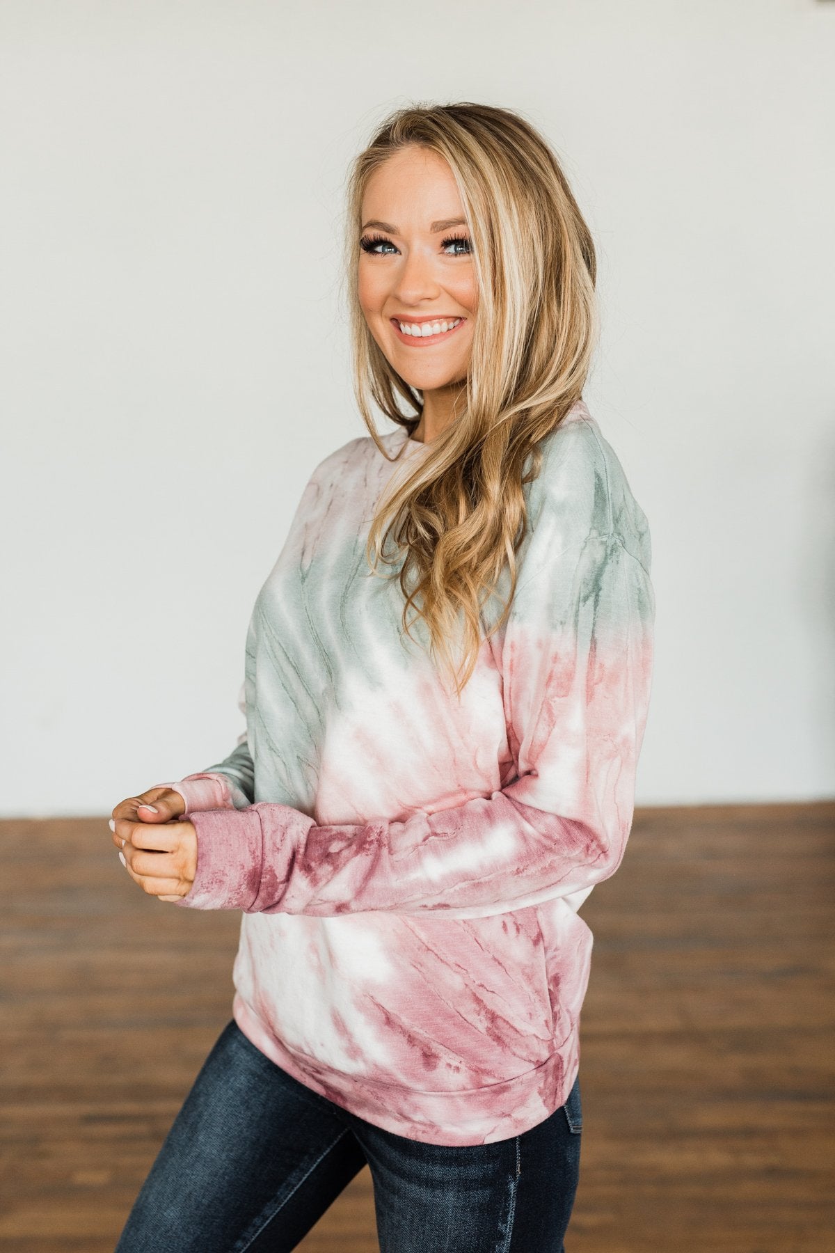 Change Of Heart Tie Dye Pullover Top- Taupe, Sage, & Mauve