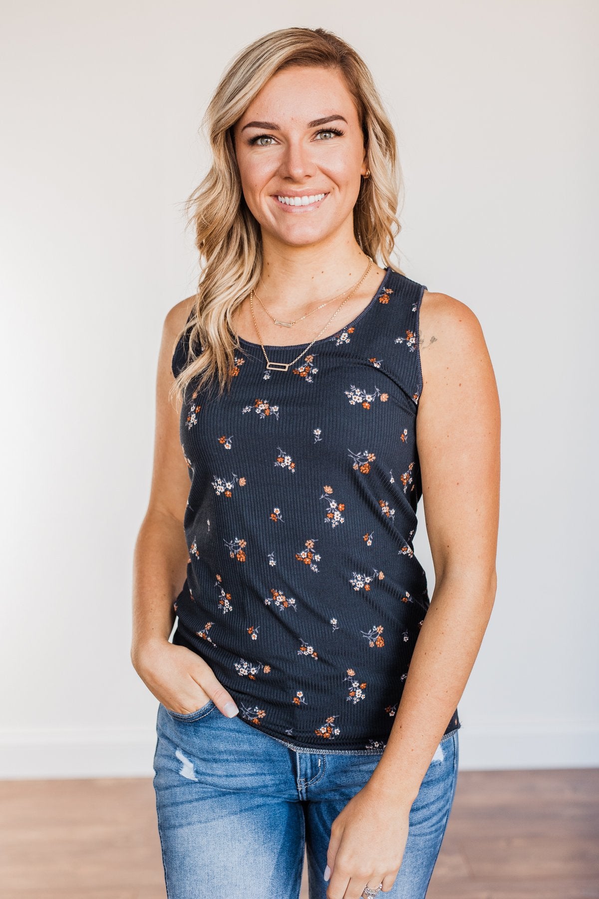 Had Me At Hello Floral Tank Top- Navy