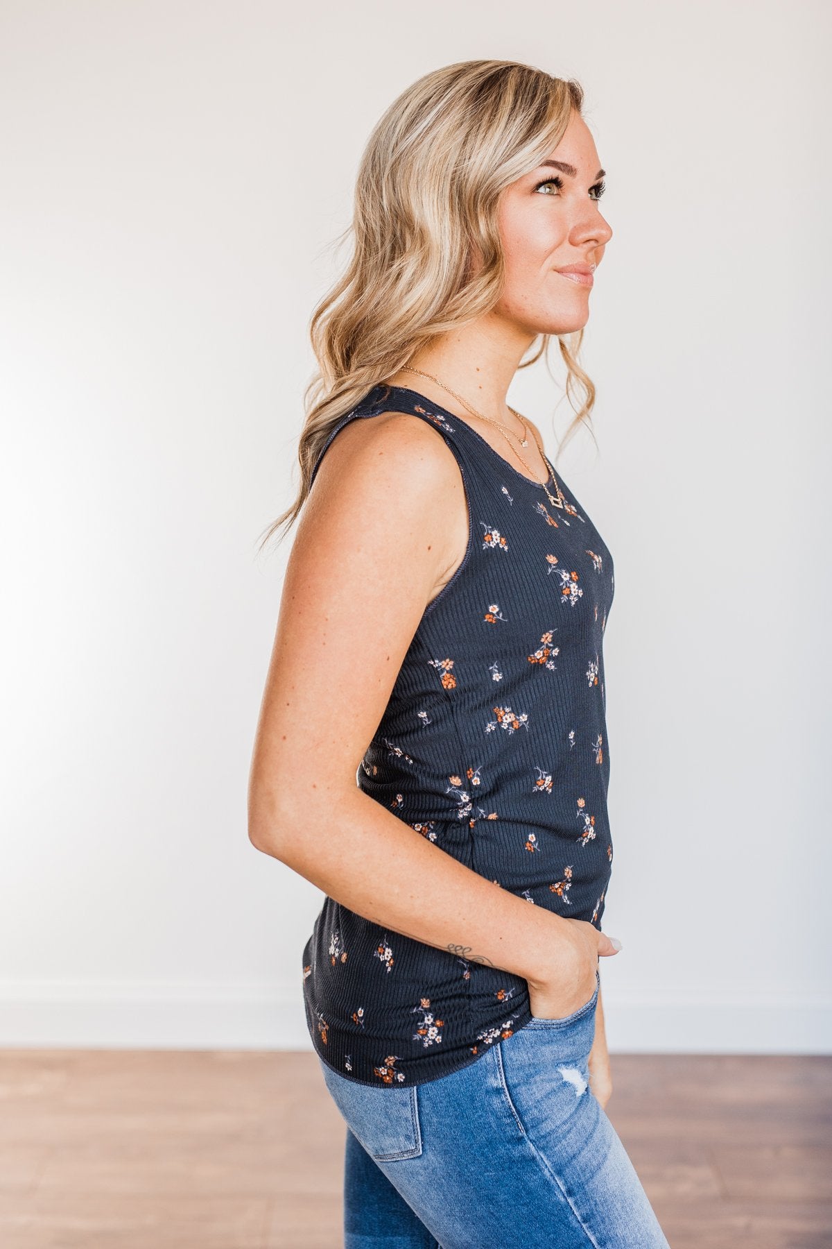 Had Me At Hello Floral Tank Top- Navy