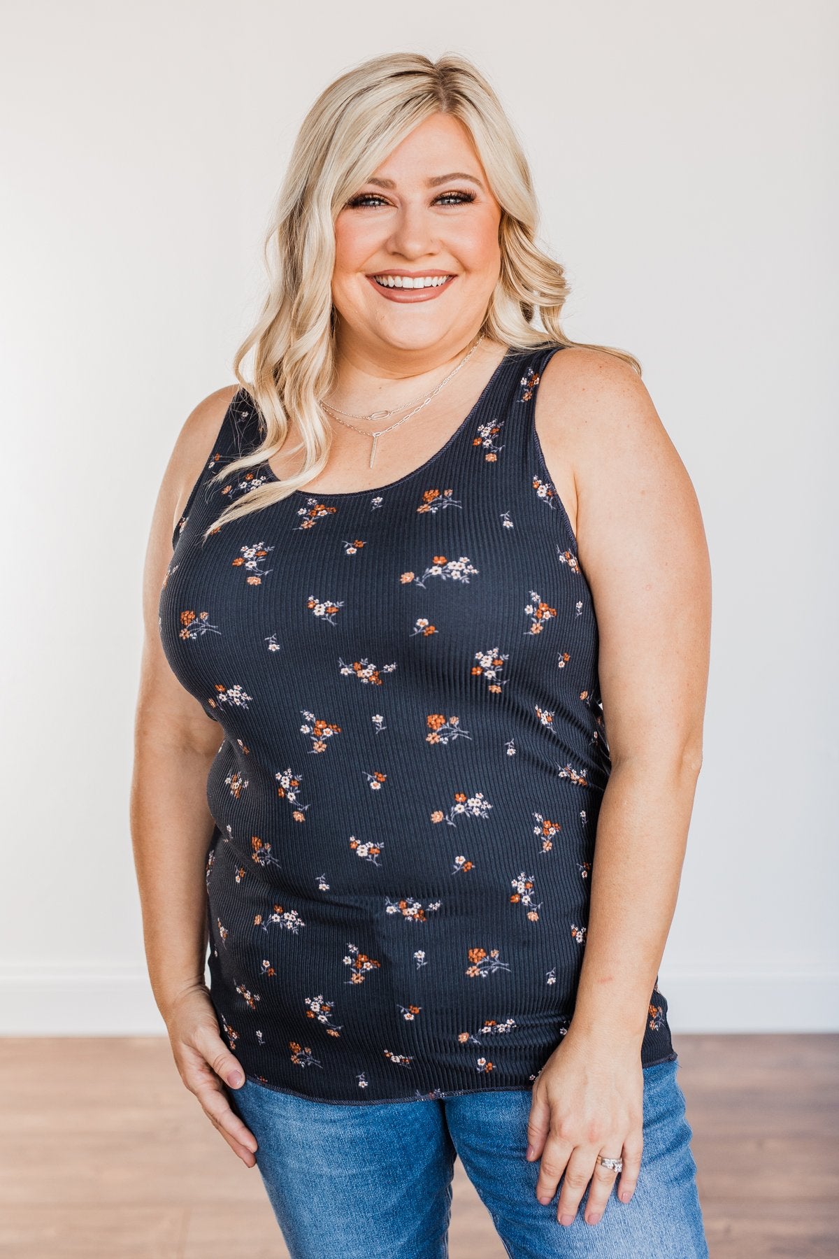 Had Me At Hello Floral Tank Top- Navy