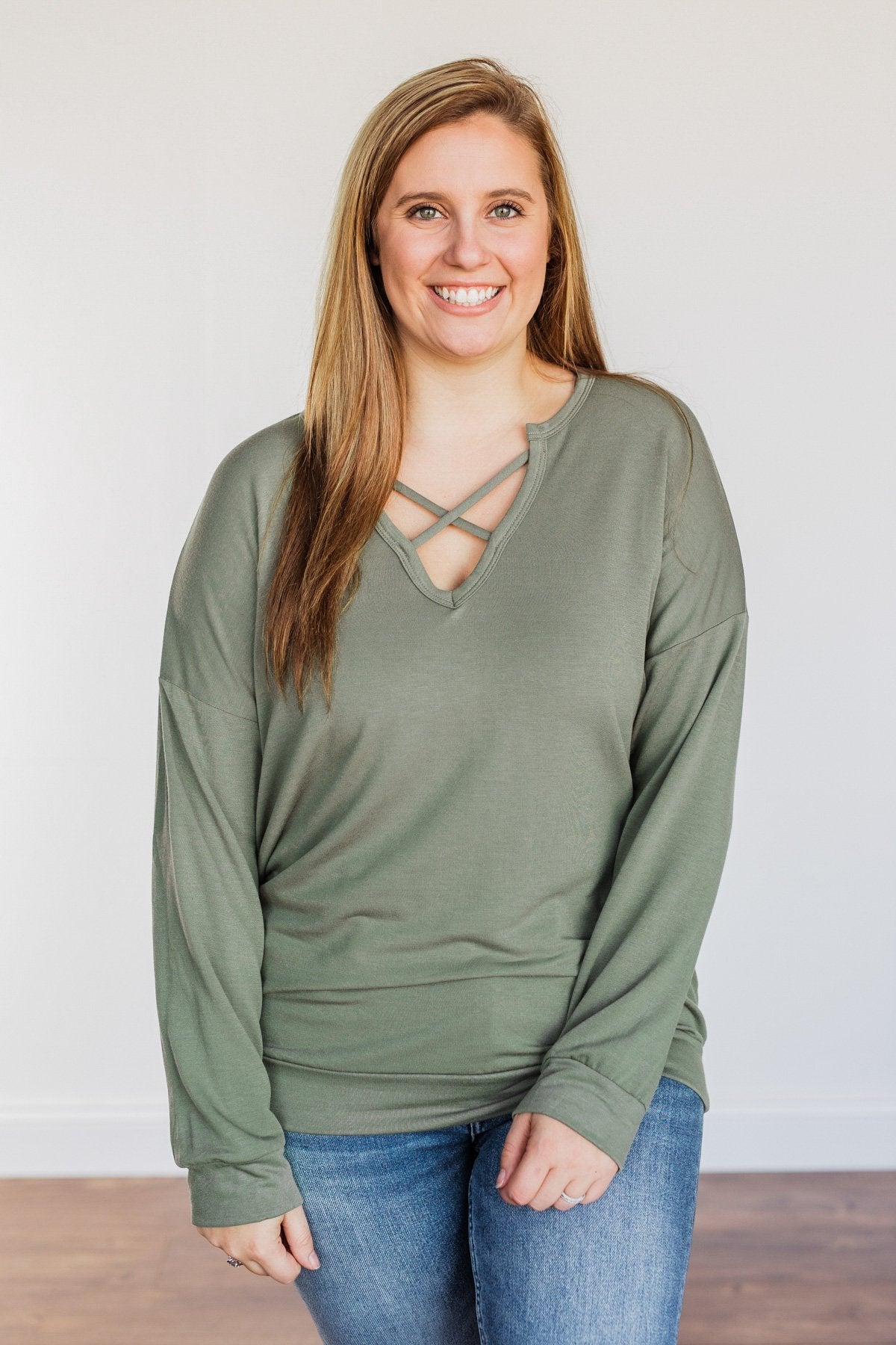 Just For Fun Criss Cross Long Sleeve Top- Olive