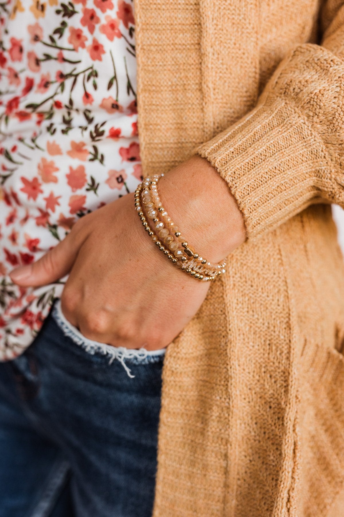 Dazzling "Mama" 3-Piece Bracelet Set- Champagne