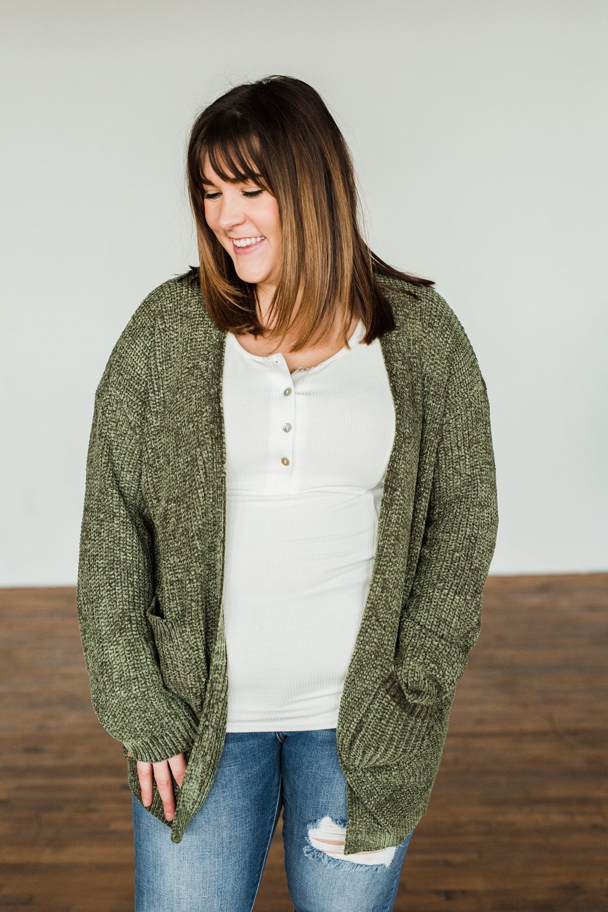 Have My Heart Velvet Chenille Cardigan- Olive