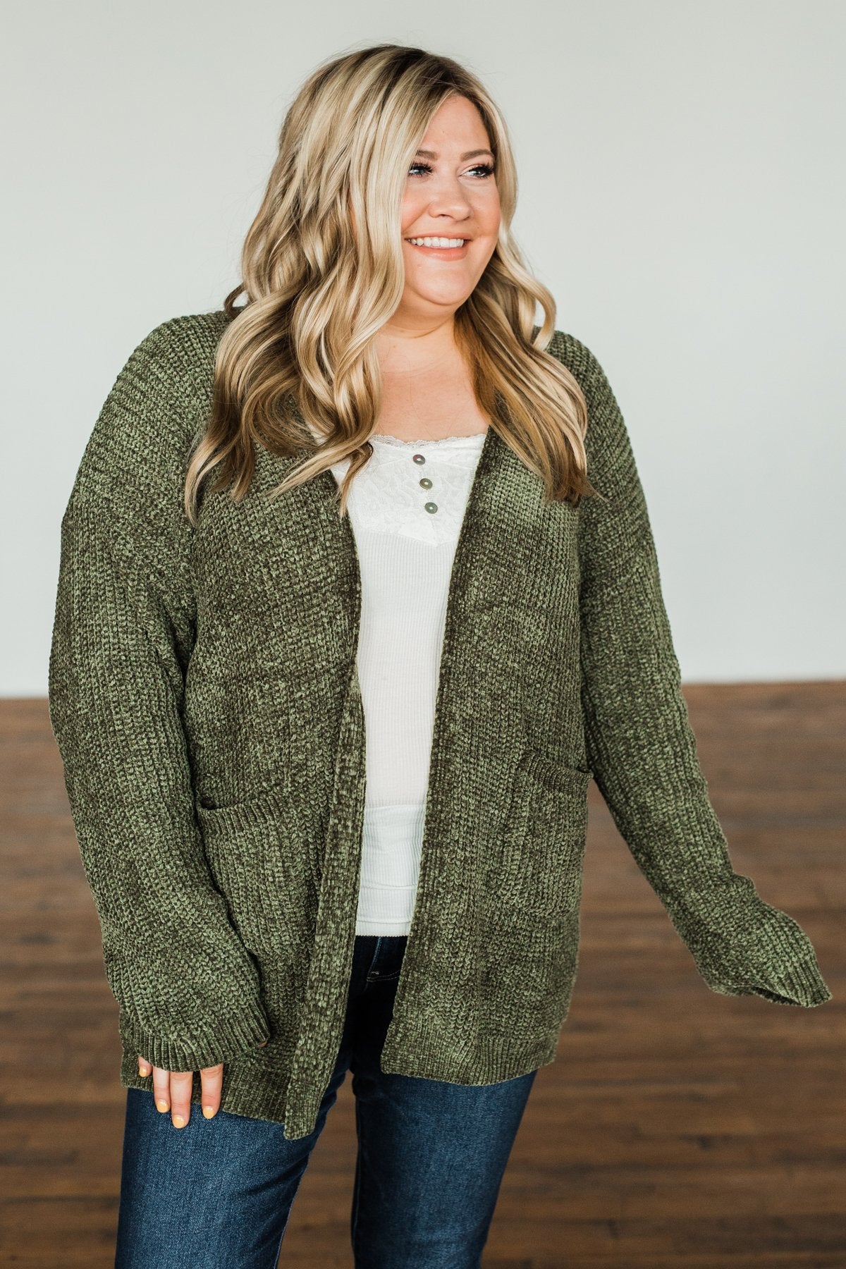 Have My Heart Velvet Chenille Cardigan- Olive