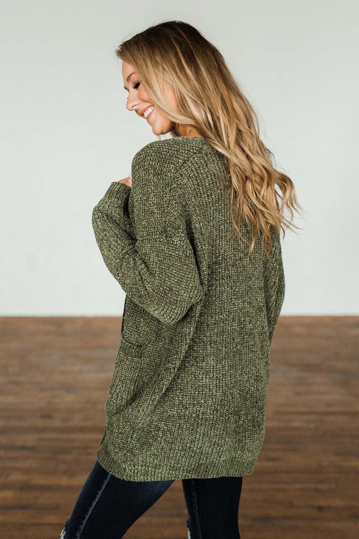 Have My Heart Velvet Chenille Cardigan- Olive