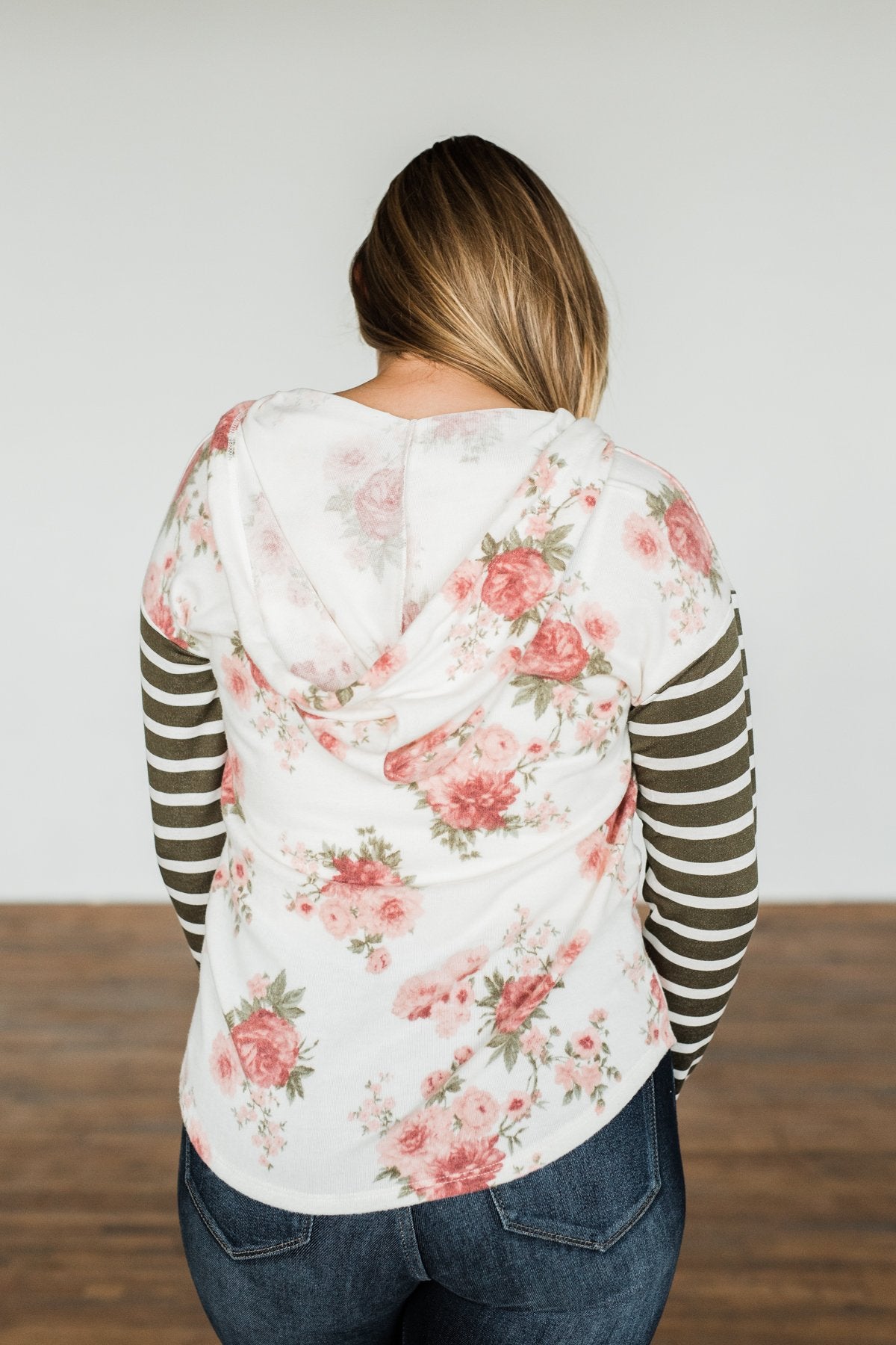 Sweeter Than Honey Floral Stripped Hoodie- Forest Green, Ivory, Mauve