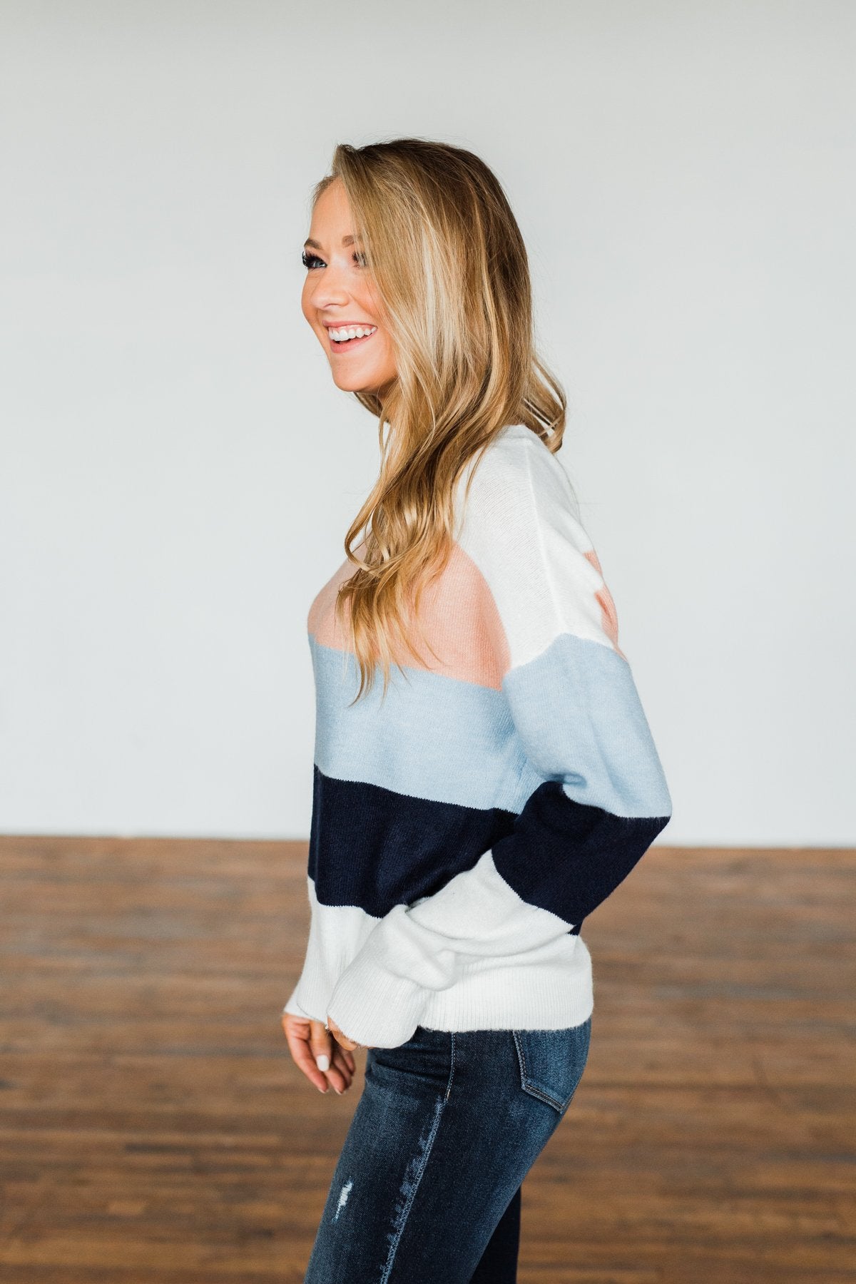 A New Day Color Block Sweater- Dusty Peach, Baby Blue, Navy