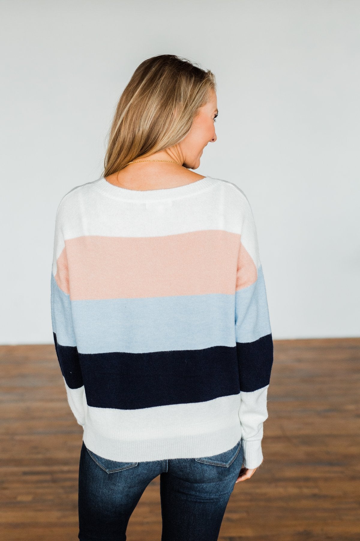 A New Day Color Block Sweater- Dusty Peach, Baby Blue, Navy