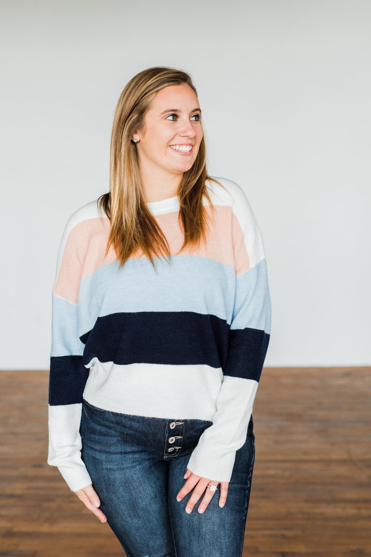 A New Day Color Block Sweater- Dusty Peach, Baby Blue, Navy