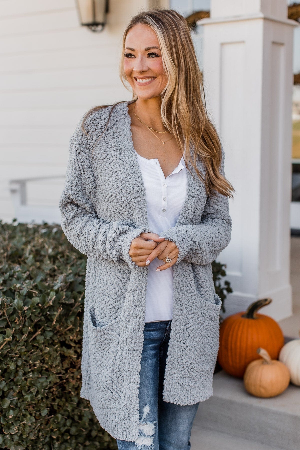 Take Another Look Popcorn Cardigan- Dusty Blue