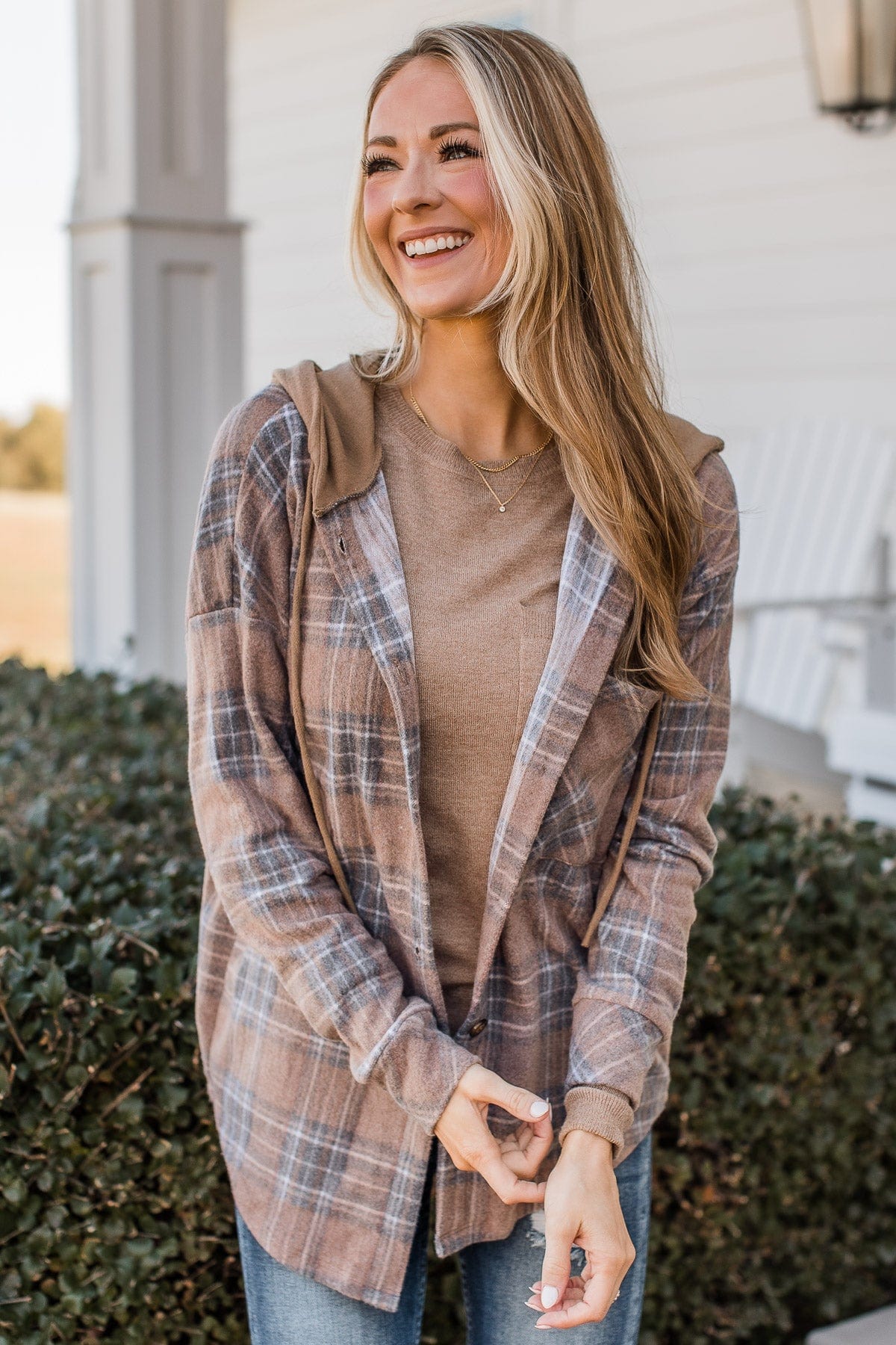 Autumn's Arrival Hooded Button Top- Vintage Brown