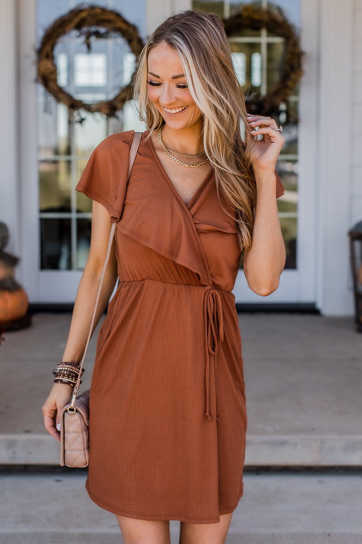 Express Thanks Ruffle Dress- Dark Rust Express Thanks Ruffle Dress- Dark Rust
