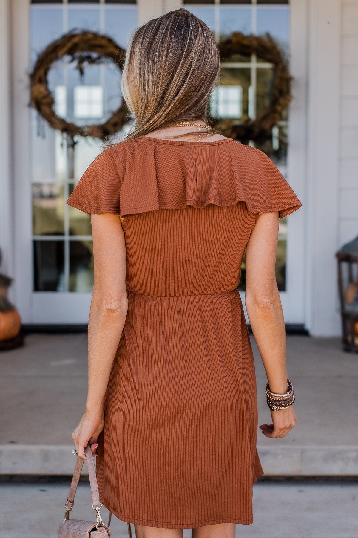 Express Thanks Ruffle Dress- Dark Rust Express Thanks Ruffle Dress- Dark Rust