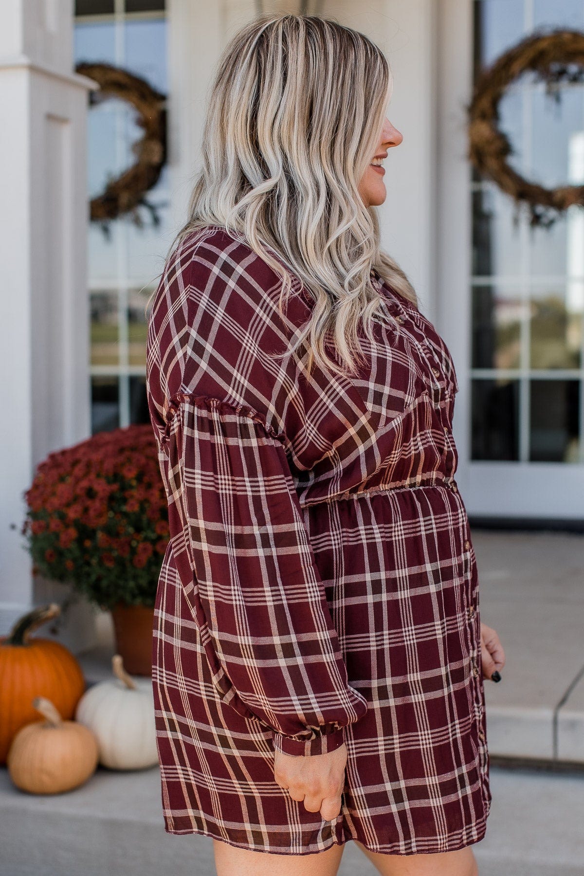 Here For The Hayrides Plaid Dress- Burgundy Here For The Hayrides Plaid Dress- Burgundy