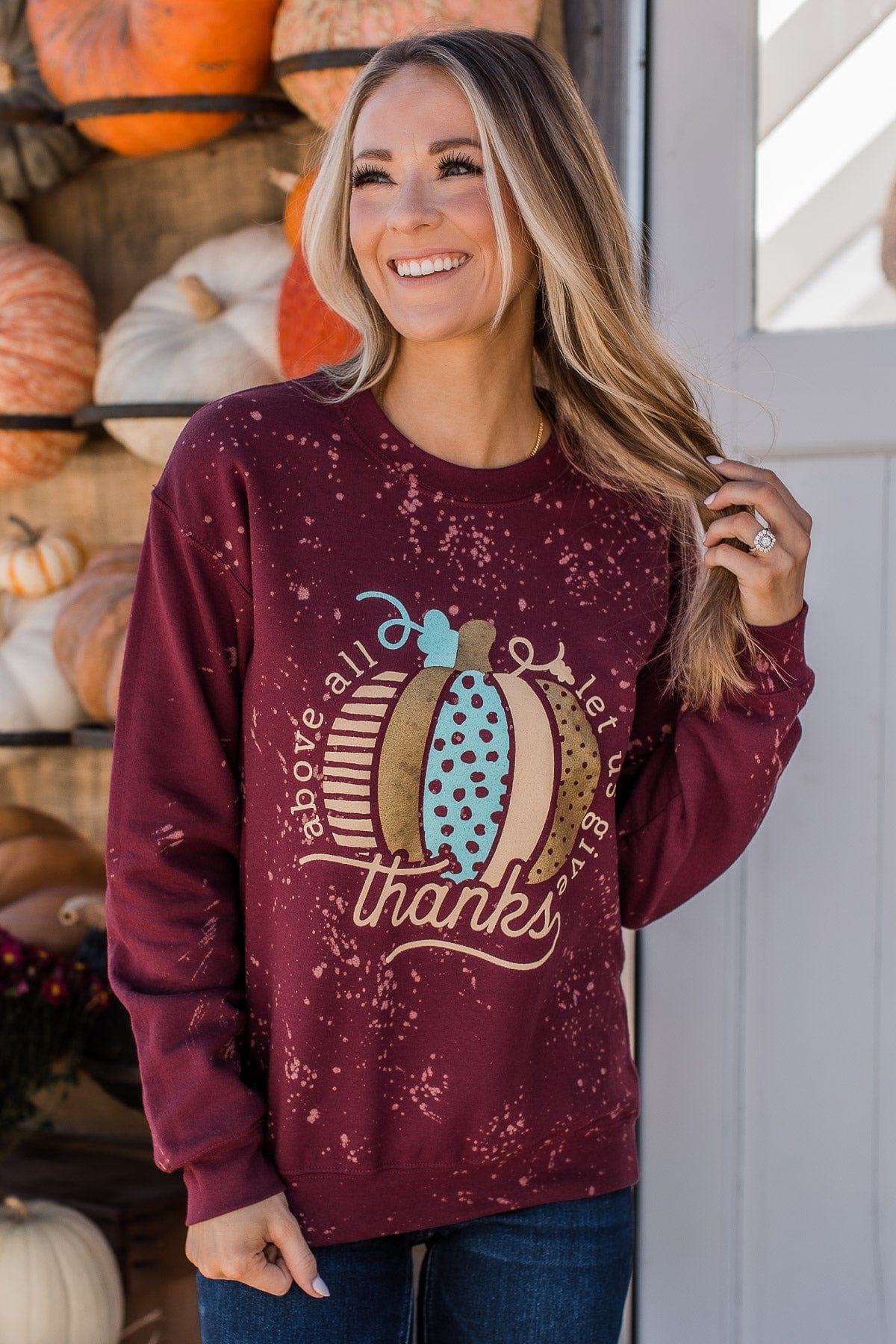 "Let Us Give Thanks" Graphic Crew Neck- Burgundy