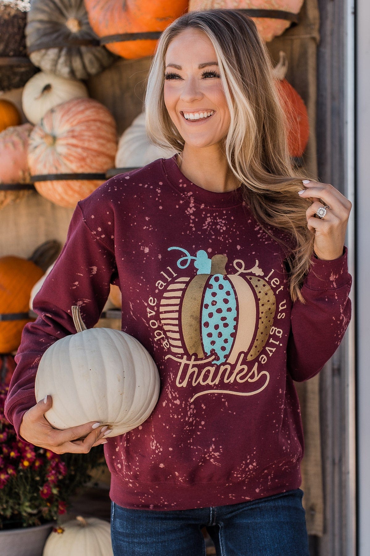 "Let Us Give Thanks" Graphic Crew Neck- Burgundy