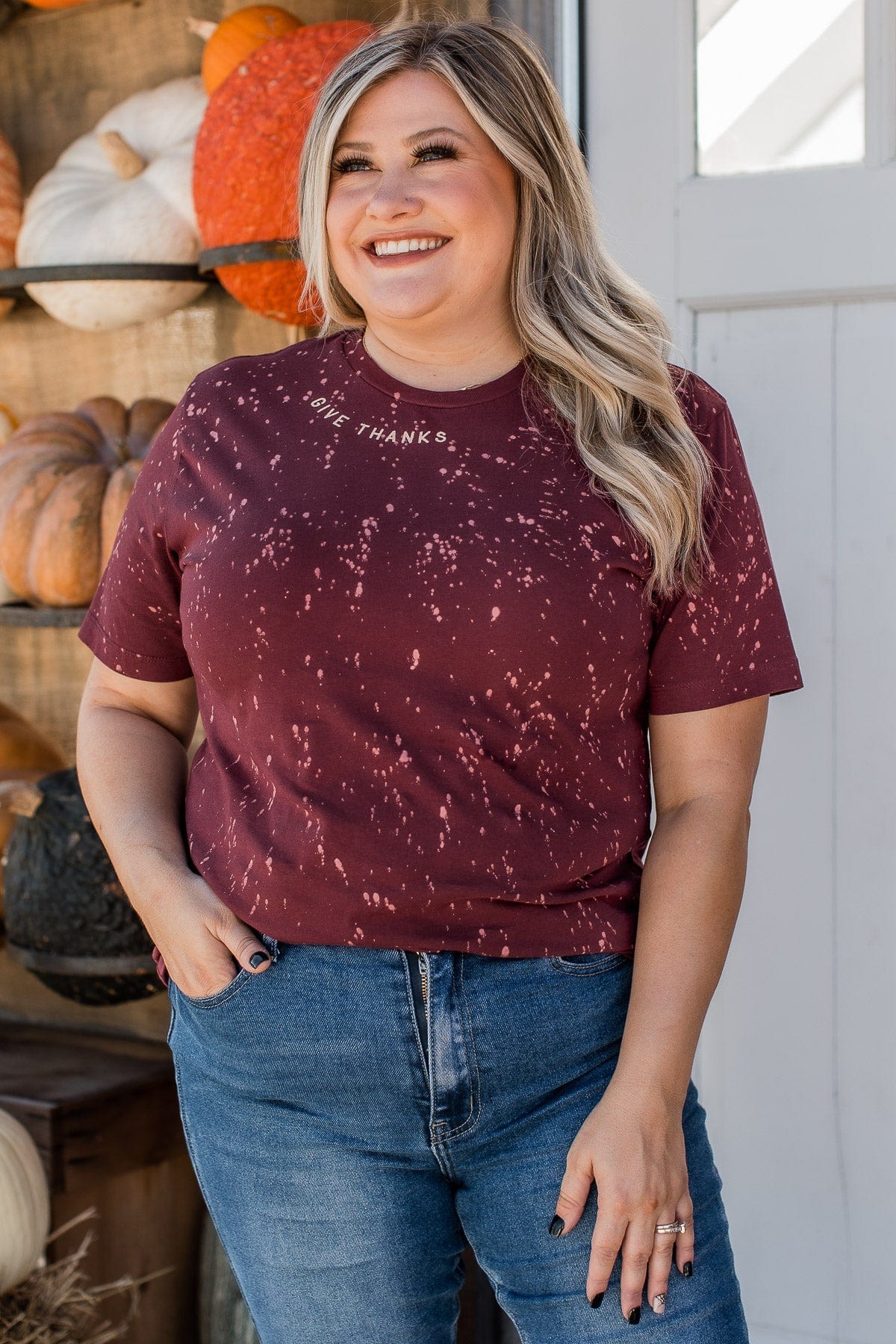 "Give Thanks" Bleached Graphic Tee- Burgundy