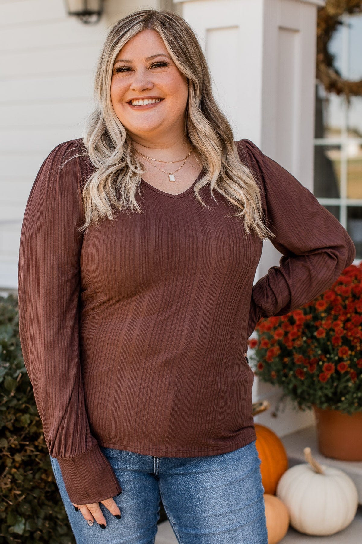 Majestic Memories Ribbed Knit Top- Chocolate