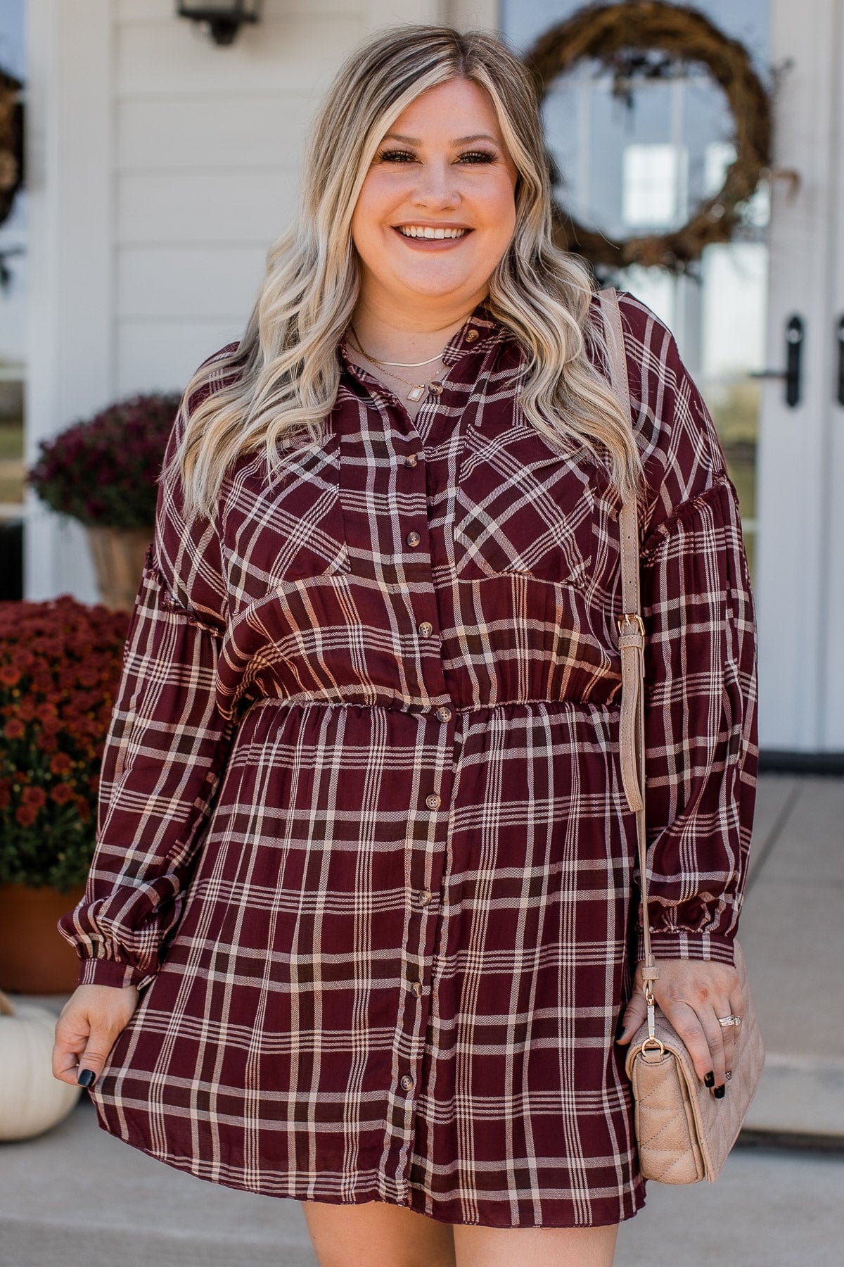Here For The Hayrides Plaid Dress- Burgundy Here For The Hayrides Plaid Dress- Burgundy