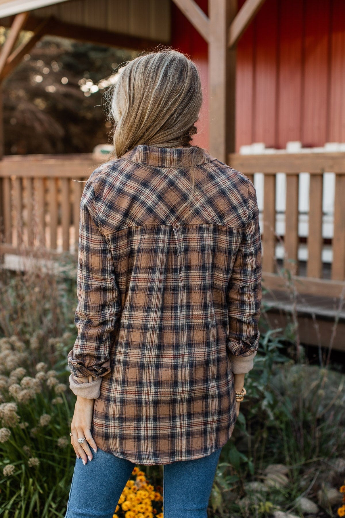 Harvest Season Plaid Button Top- Brown & Navy