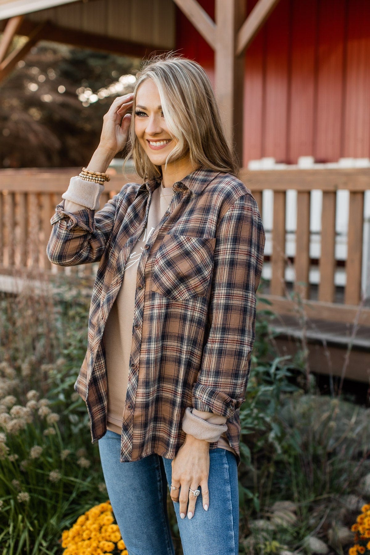 Harvest Season Plaid Button Top- Brown & Navy