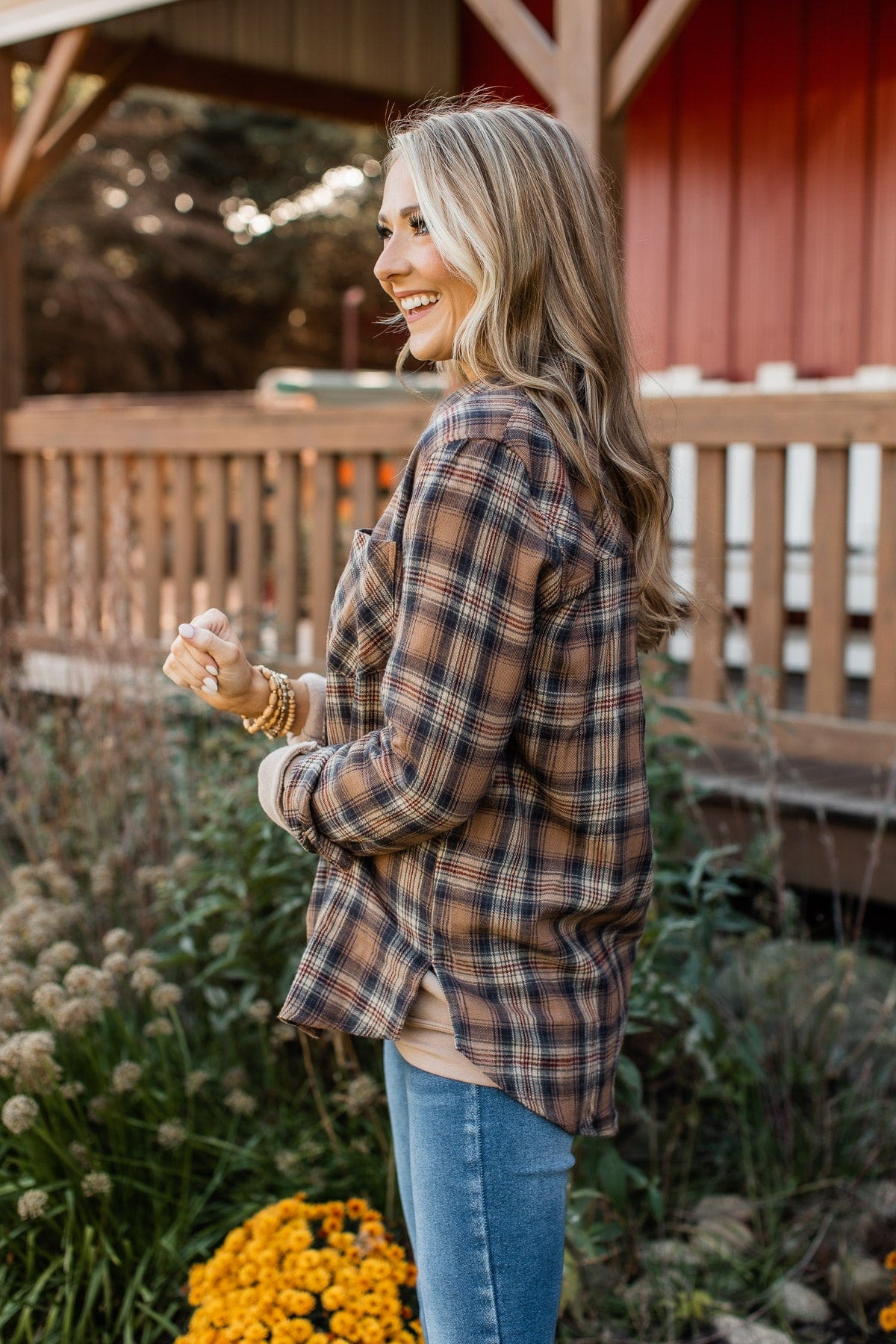 Harvest Season Plaid Button Top- Brown & Navy