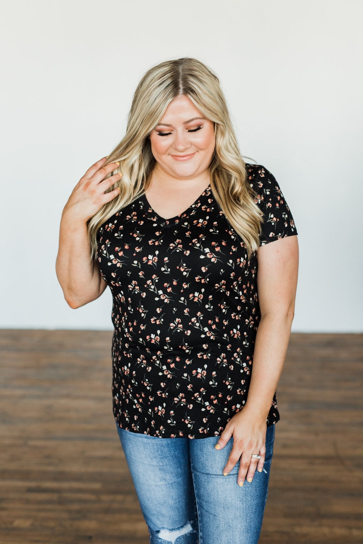 Look To The Sky Floral V-Neck Top- Black