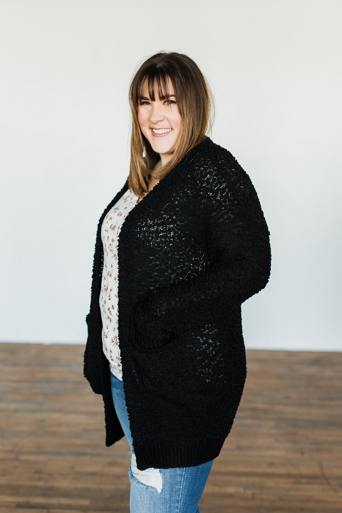Stealing Glances Popcorn Knit Cardigan- Black