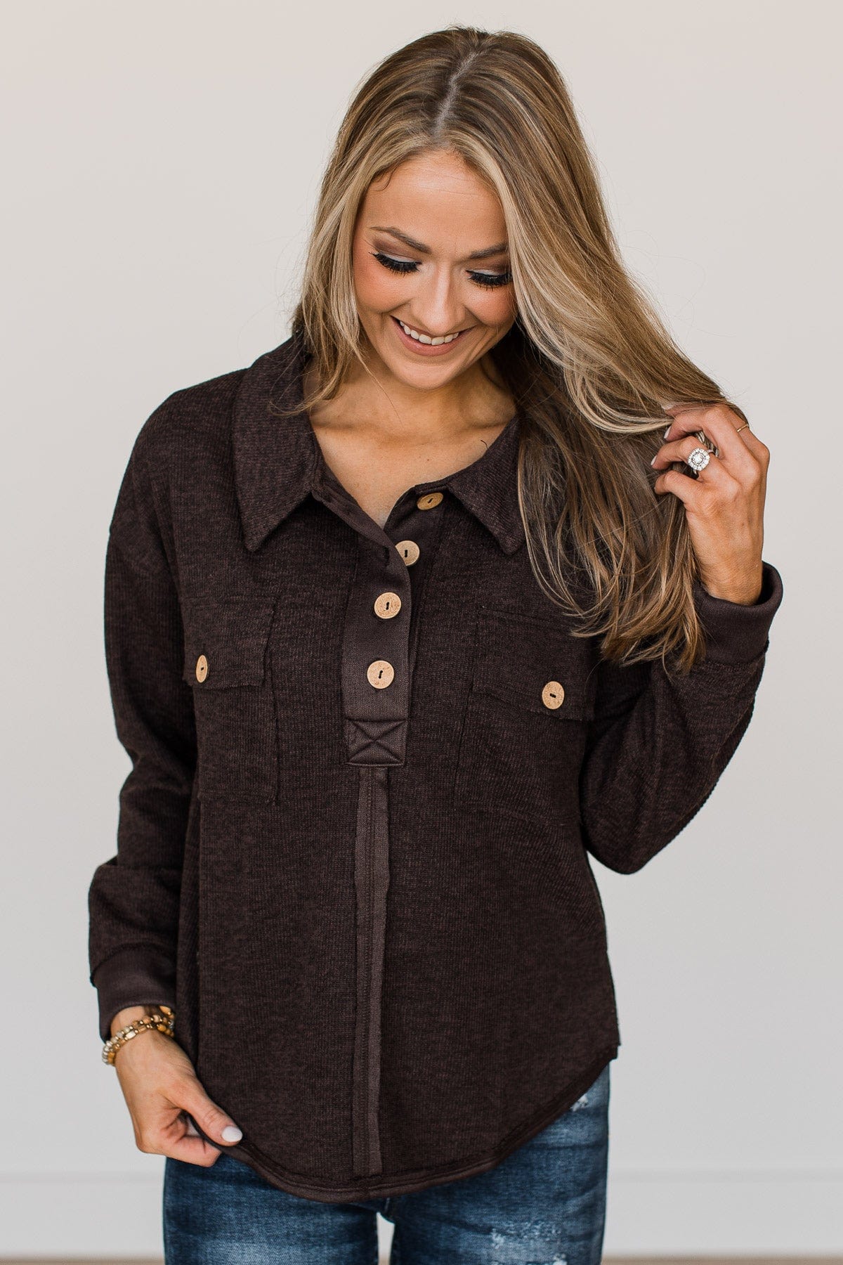 See For Yourself Pocket Top- Dark Brown
