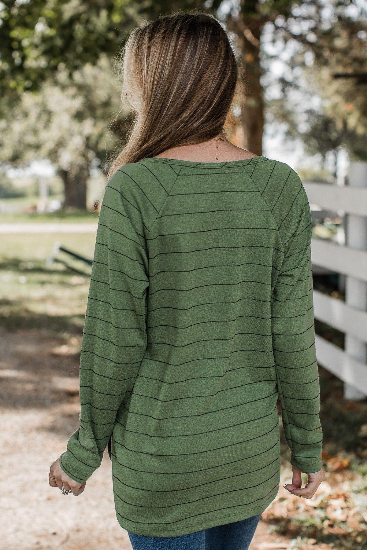 Sending Signals Striped Button Top- Olive