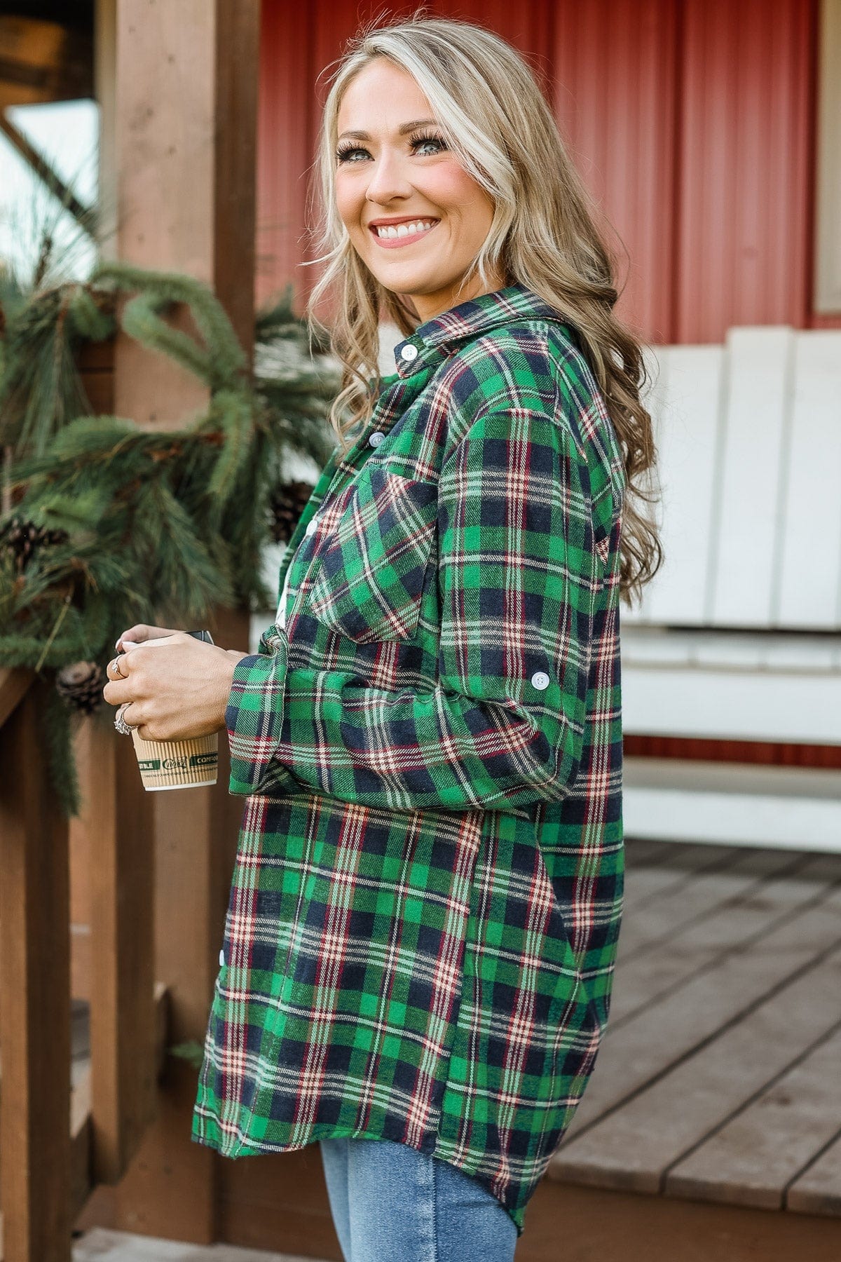 To The Tree Farm Plaid Button Top- Green & Navy