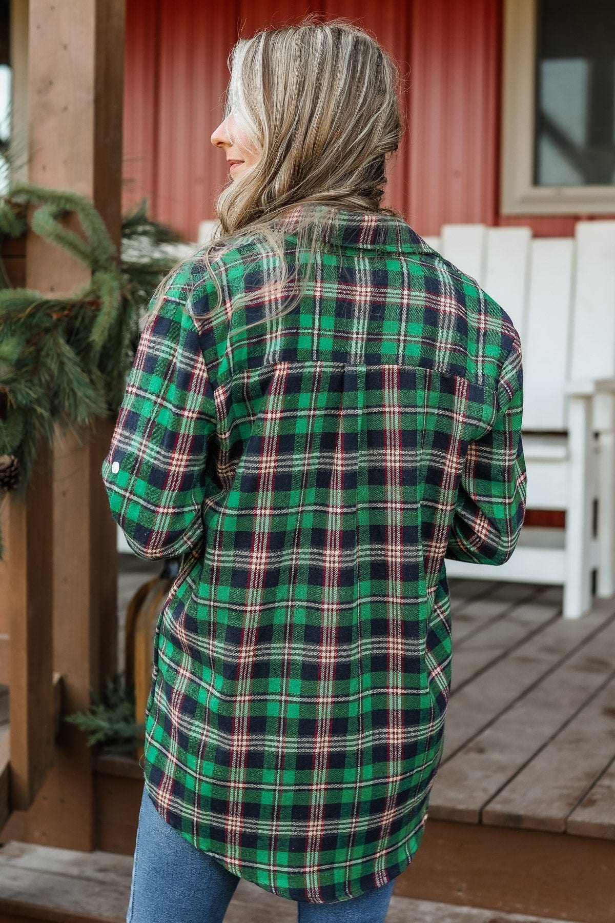 To The Tree Farm Plaid Button Top- Green & Navy