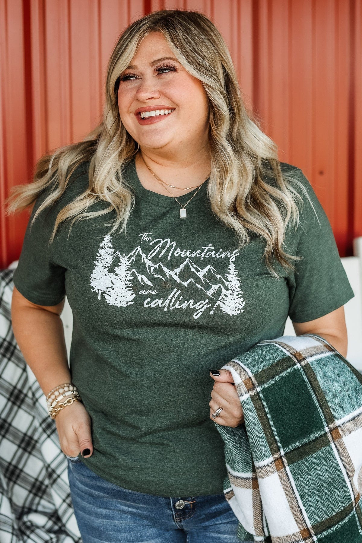 "The Mountains Are Calling" Graphic Tee- Forest Green