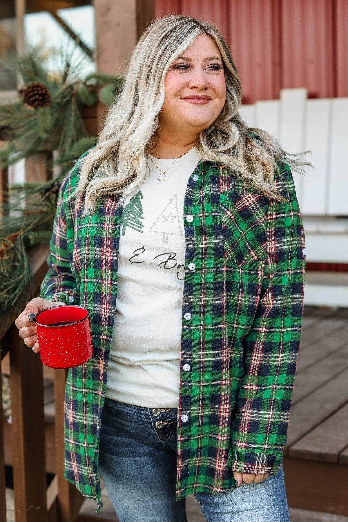 To The Tree Farm Plaid Button Top- Green & Navy