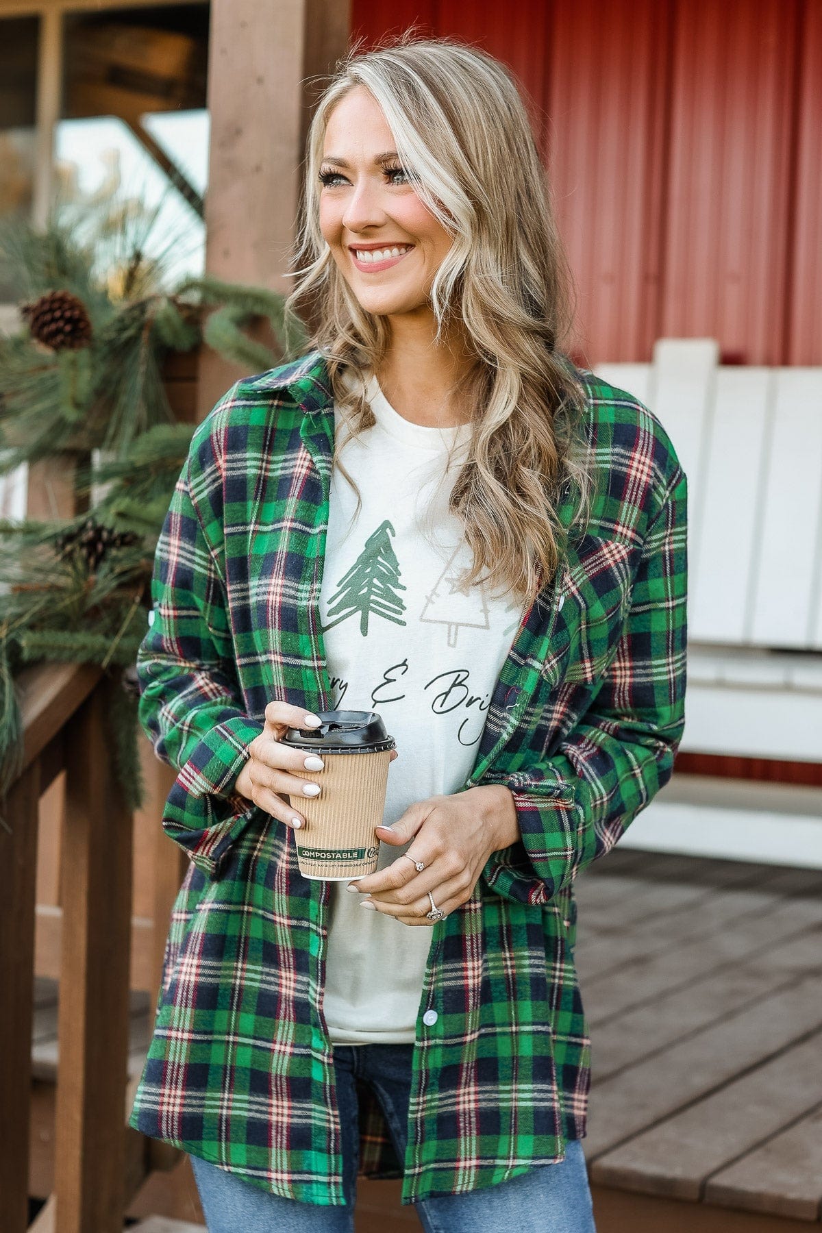 To The Tree Farm Plaid Button Top- Green & Navy