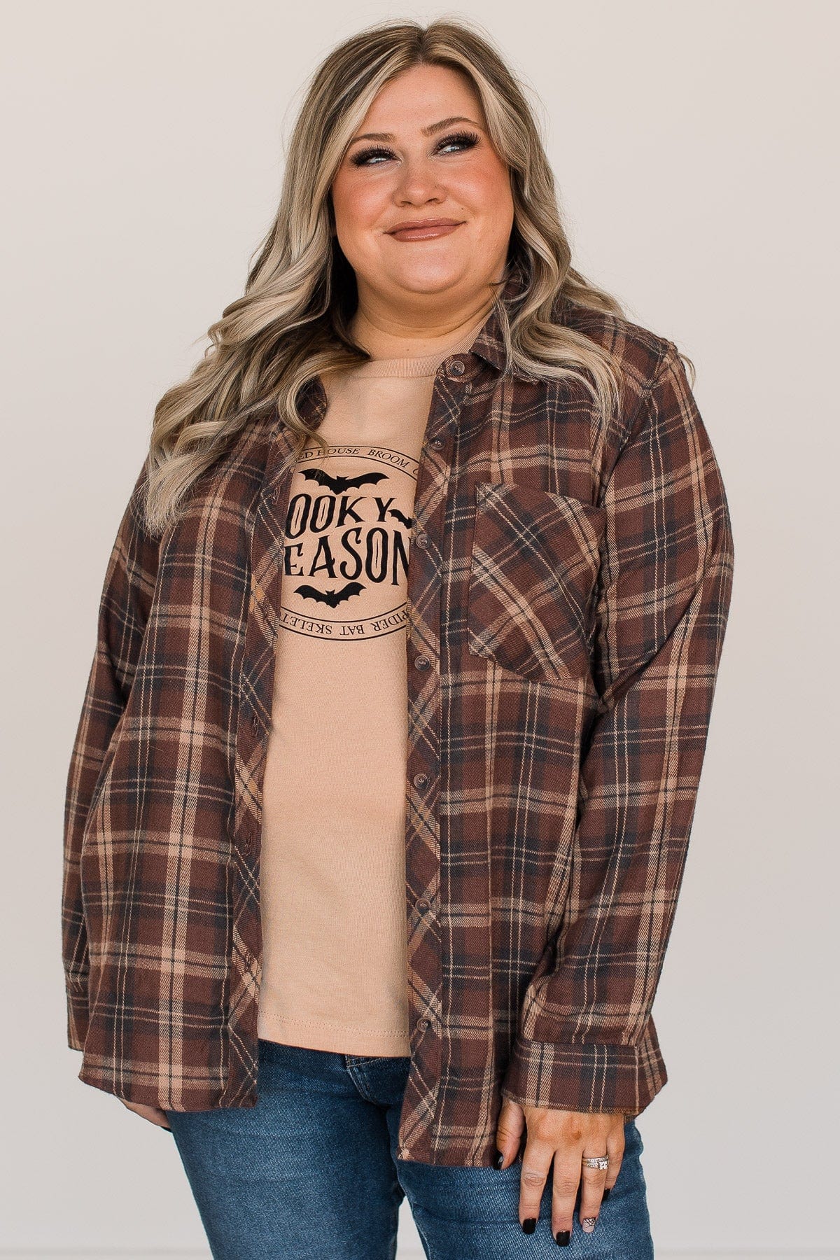 Autumn Nights Plaid Button Top- Brown