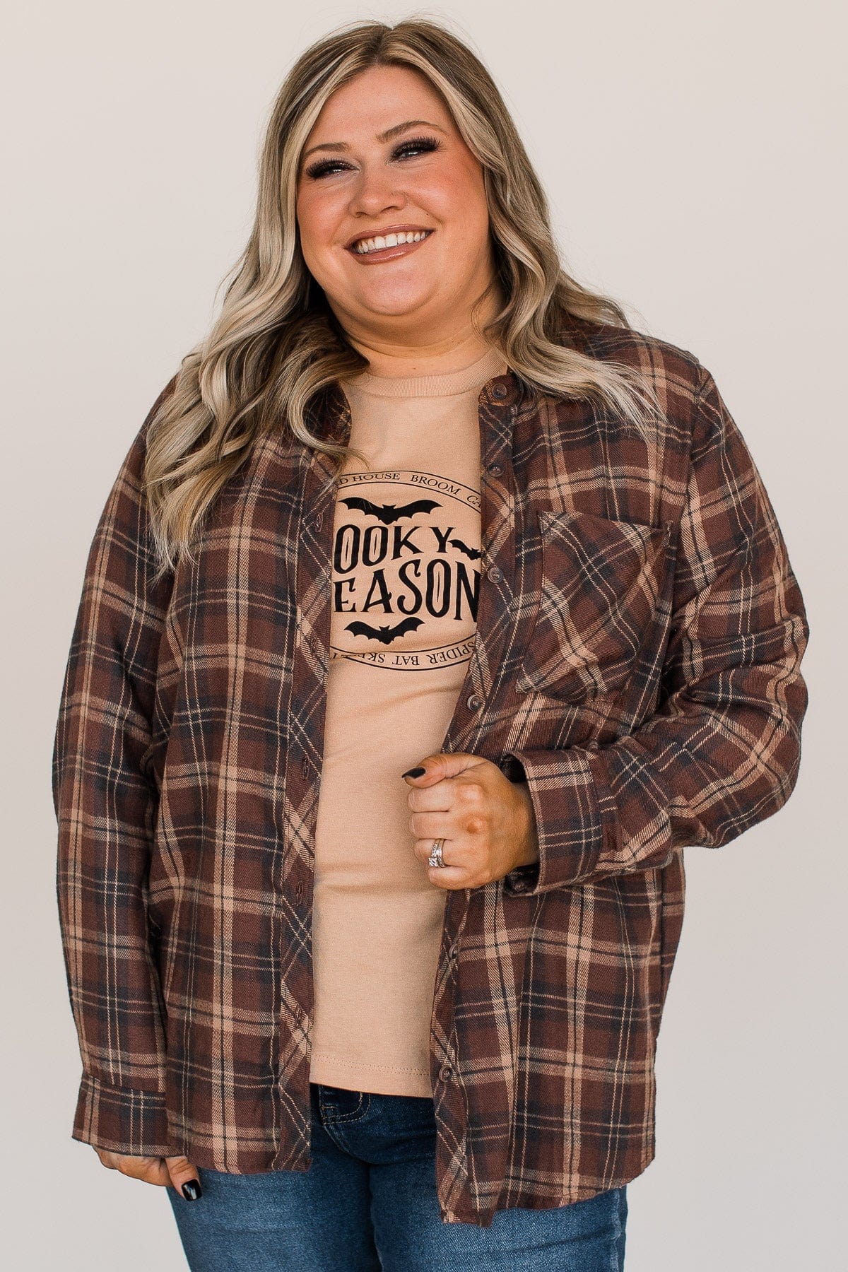 Autumn Nights Plaid Button Top- Brown