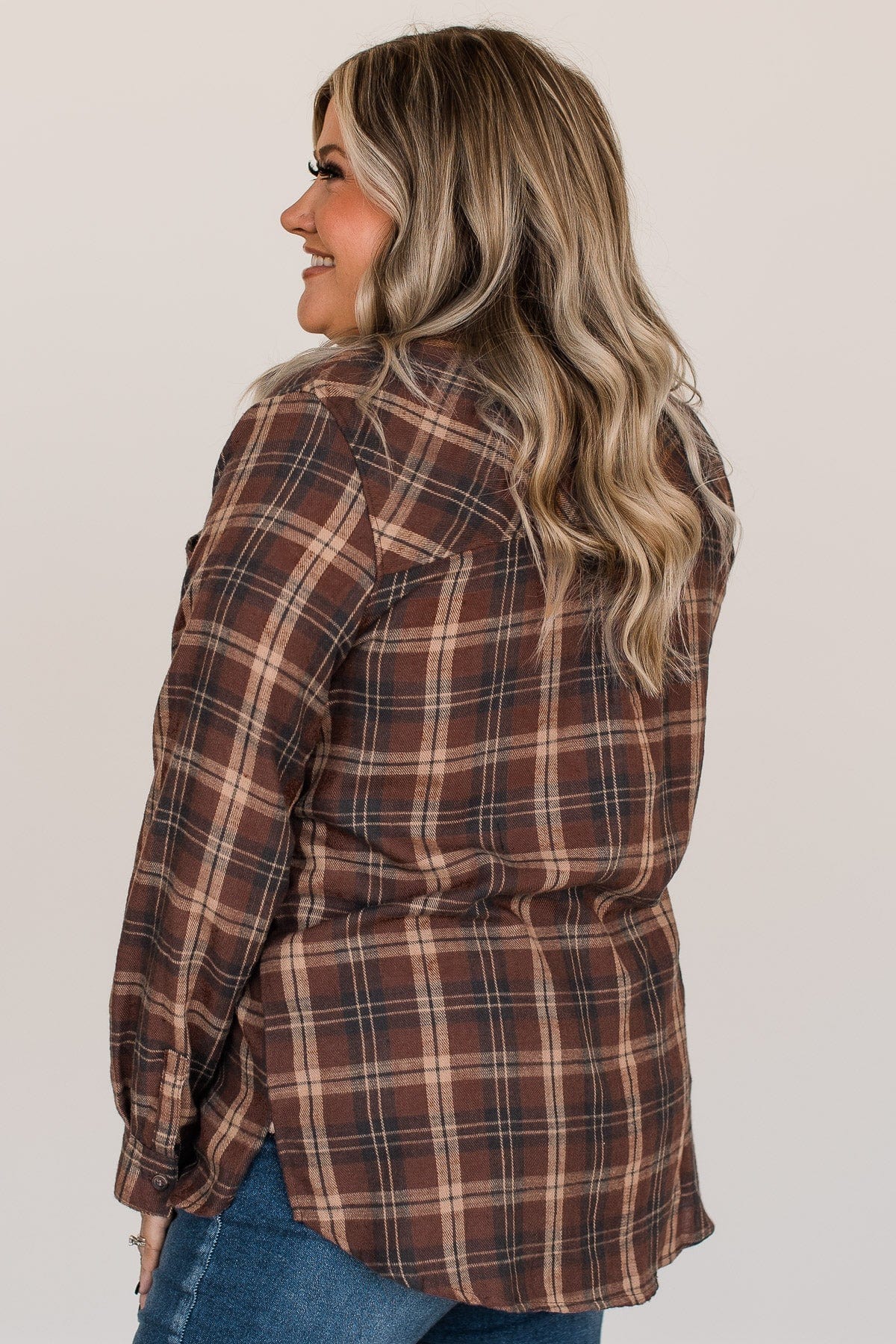 Autumn Nights Plaid Button Top- Brown