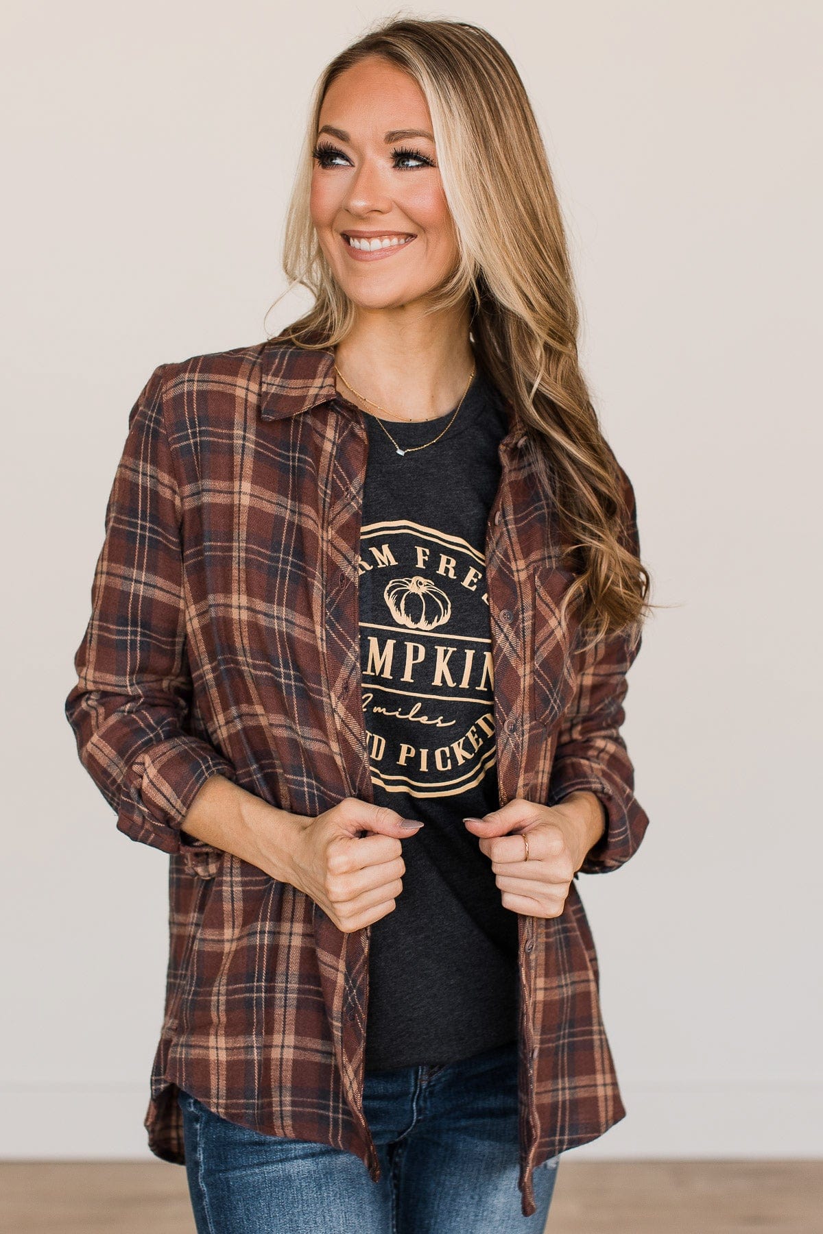 Autumn Nights Plaid Button Top- Brown