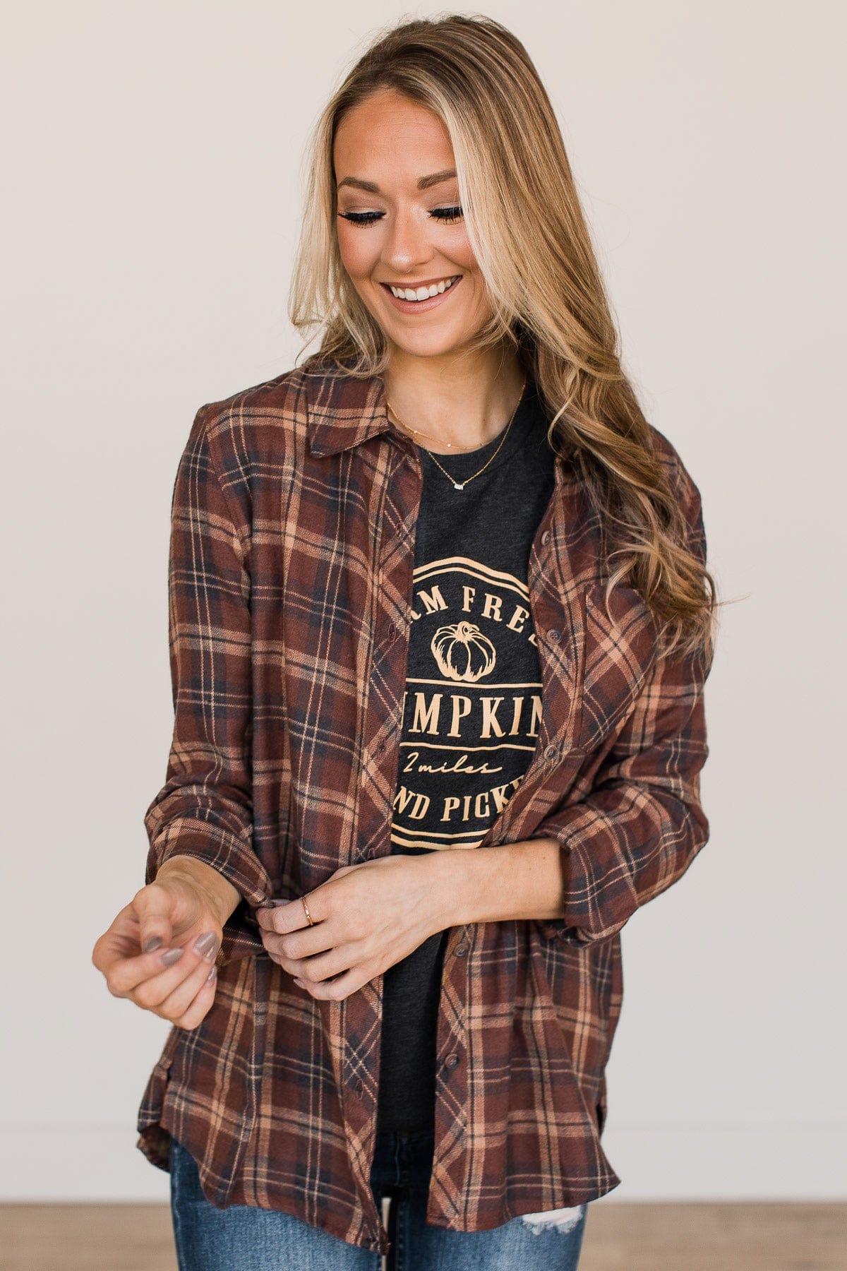 Autumn Nights Plaid Button Top- Brown