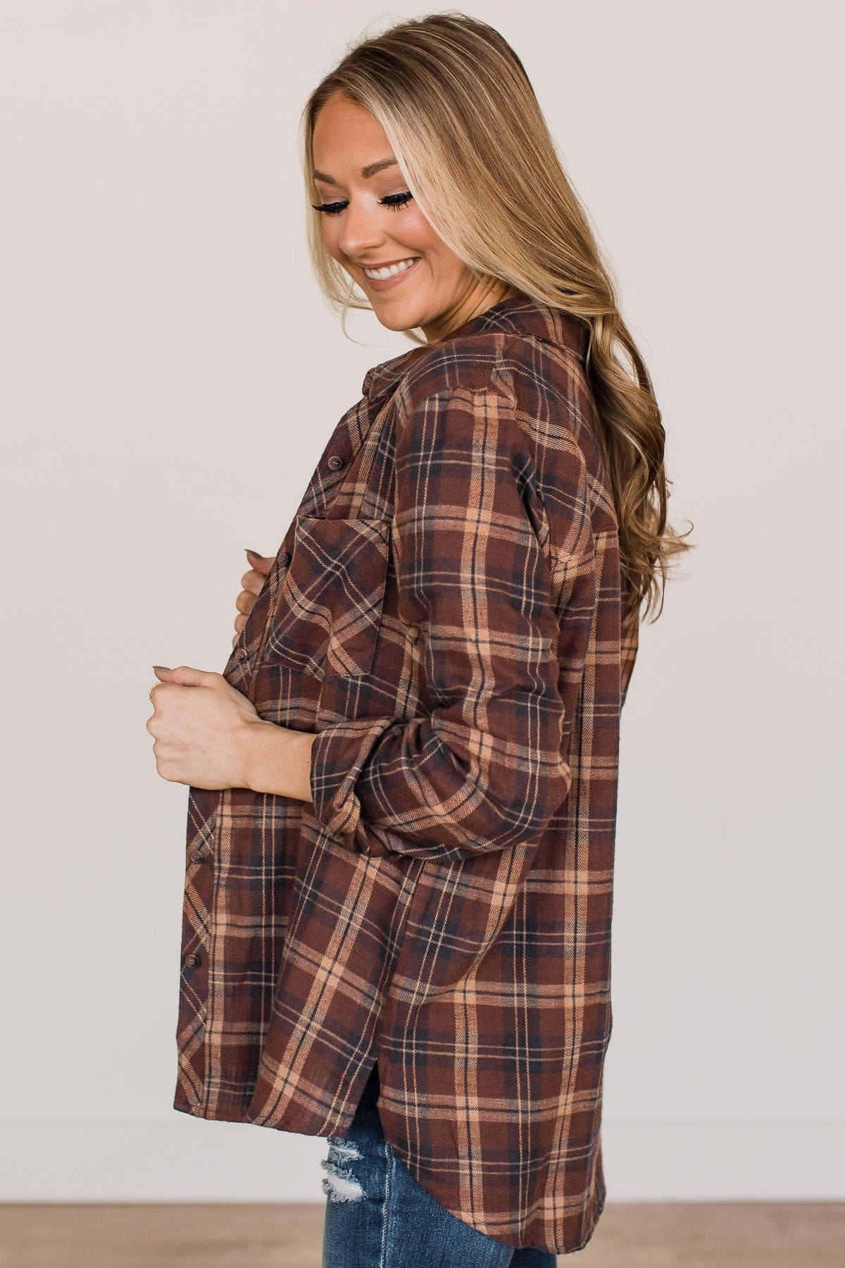 Autumn Nights Plaid Button Top- Brown