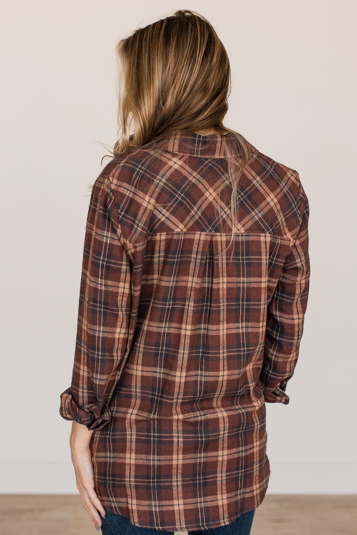 Autumn Nights Plaid Button Top- Brown