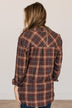 Autumn Nights Plaid Button Top- Brown