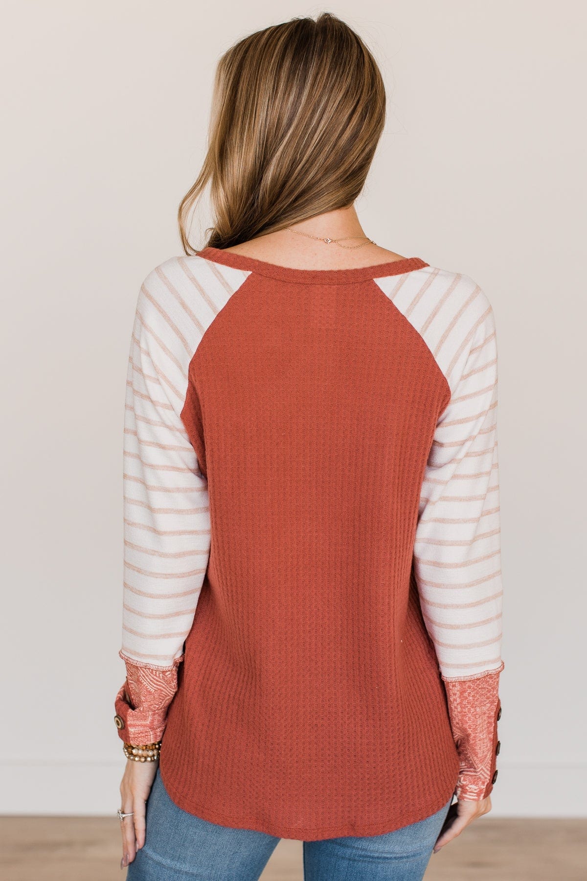 Looking For Signs Waffle Knit Button Top- Rust