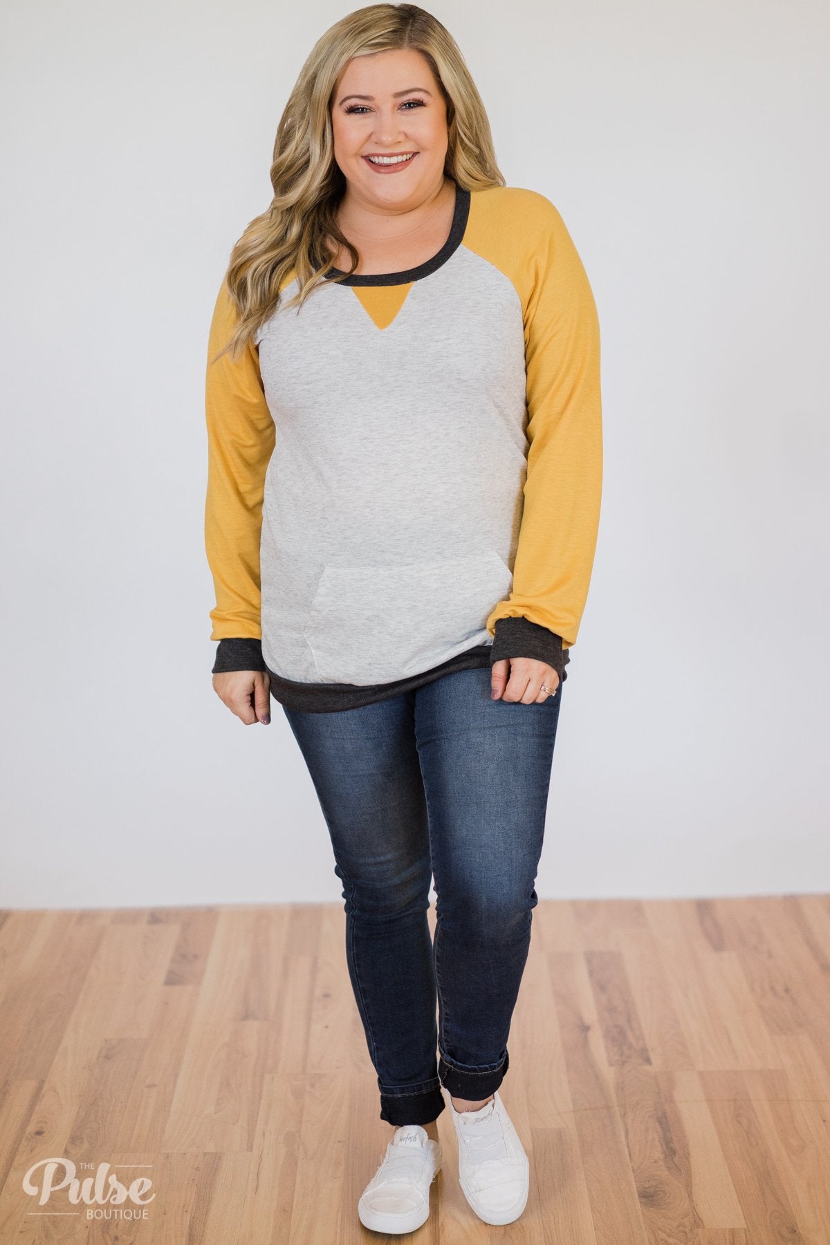 Elbow Patch Color Block Pullover Top- Yellow, Charcoal, Grey
