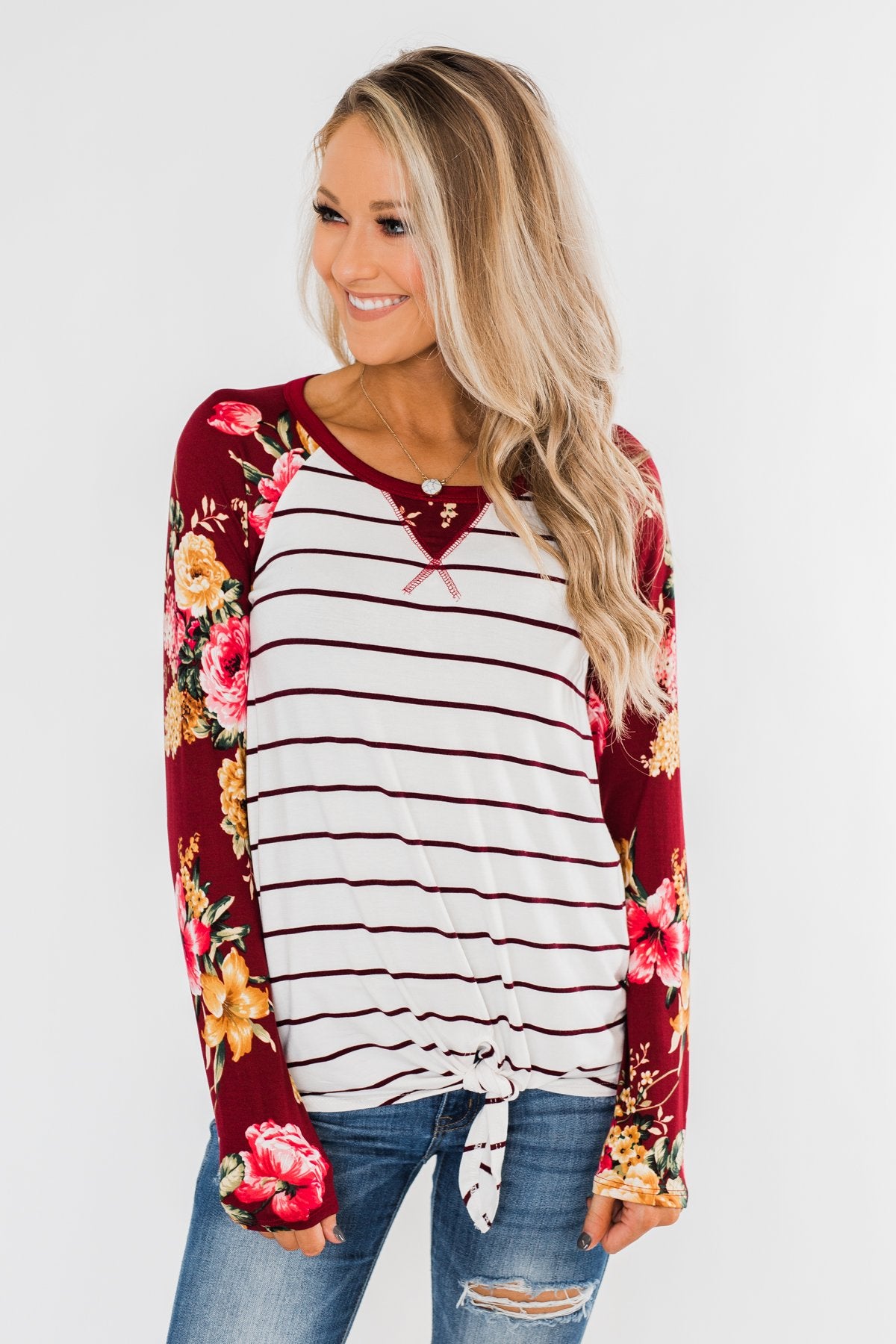 The Perfect Day Striped Floral Top- Burgundy & Ivory