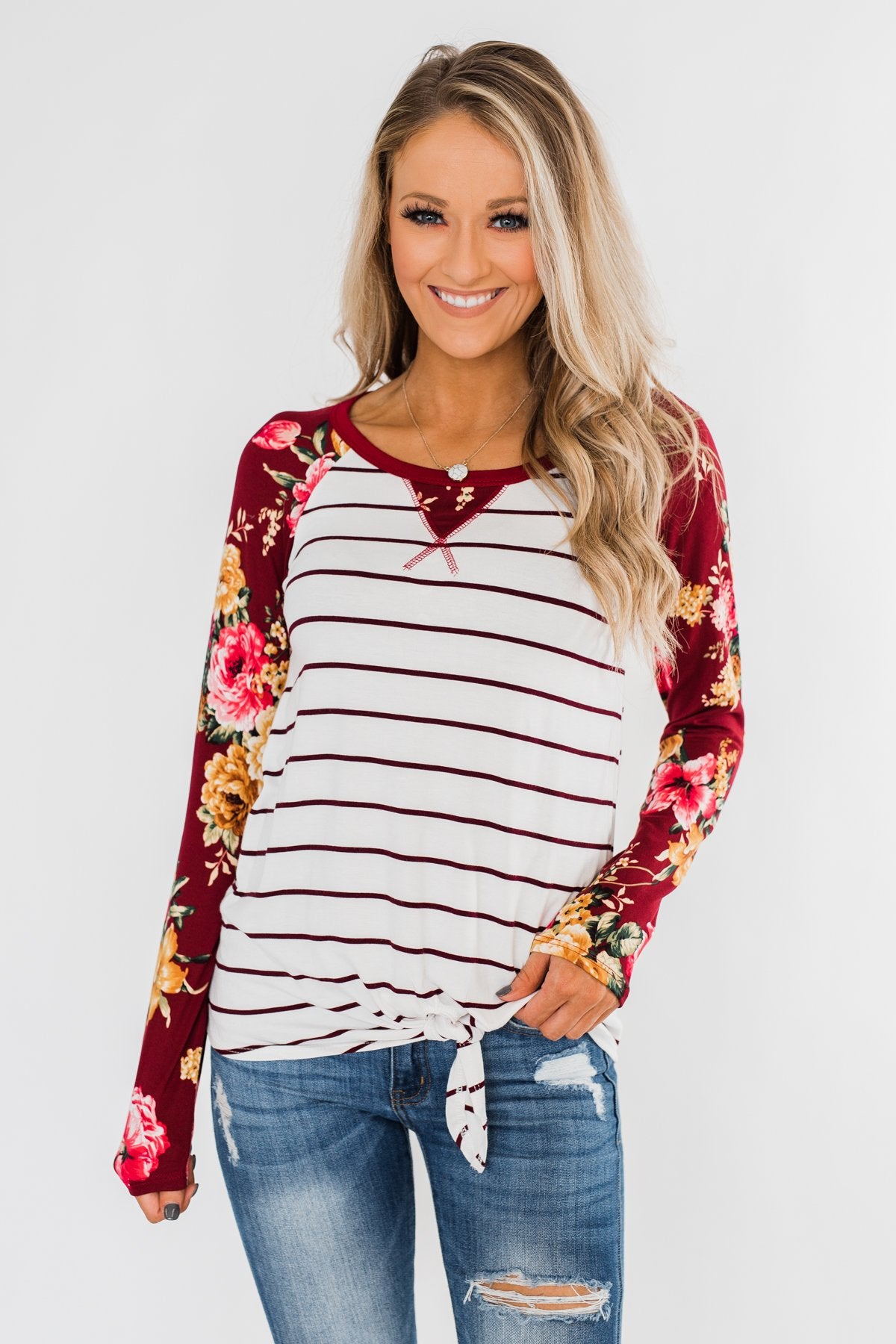 The Perfect Day Striped Floral Top- Burgundy & Ivory