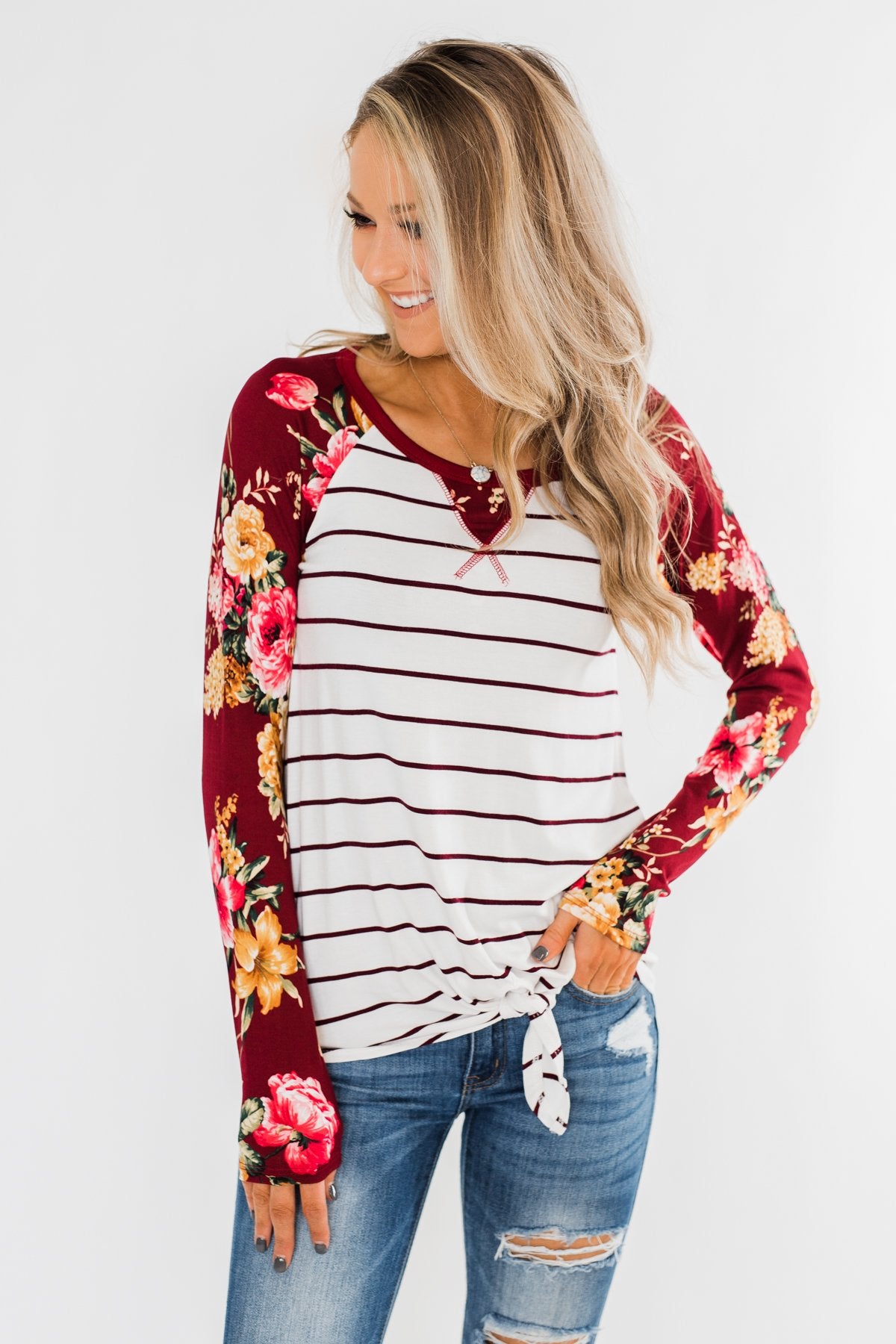 The Perfect Day Striped Floral Top- Burgundy & Ivory