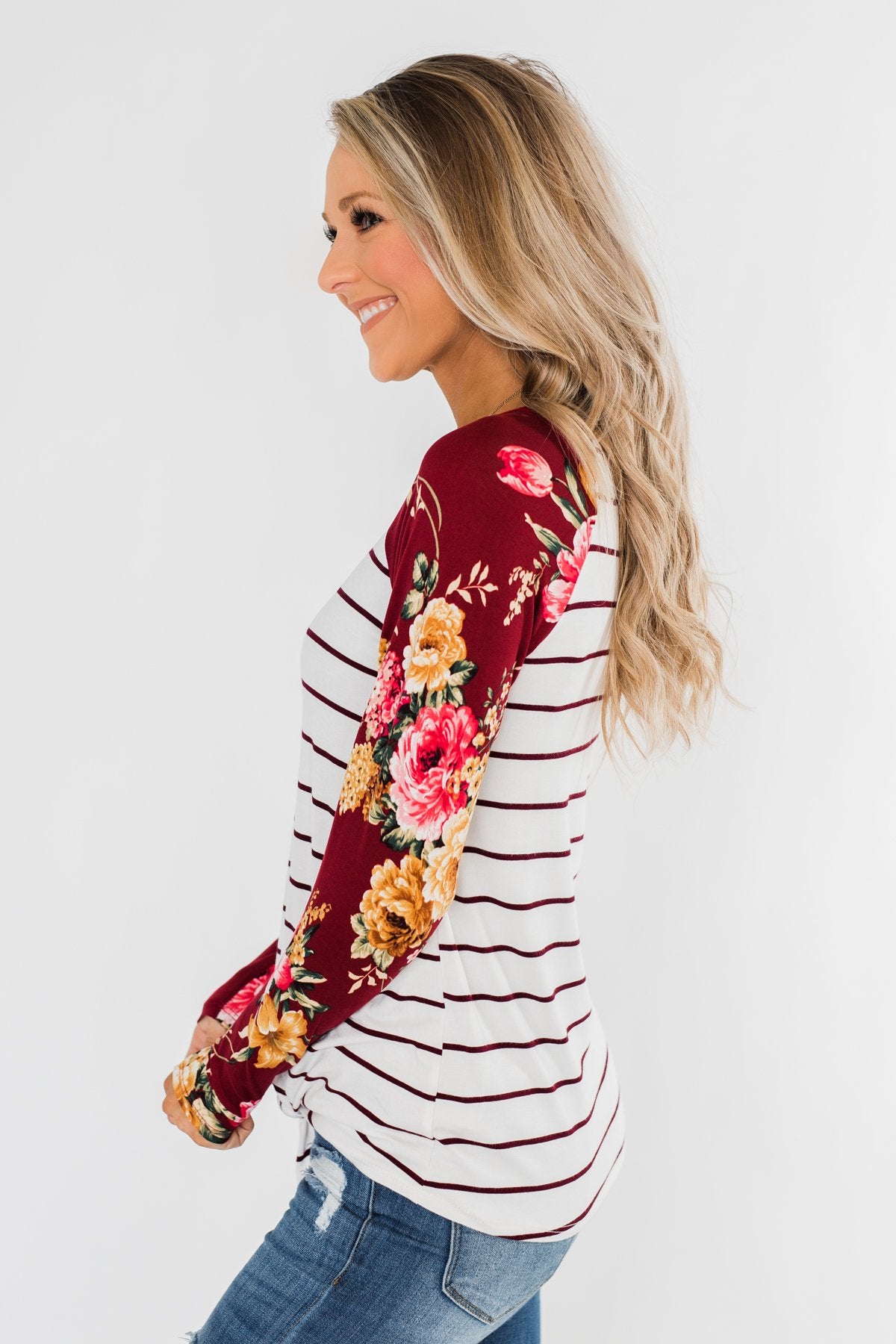 The Perfect Day Striped Floral Top- Burgundy & Ivory